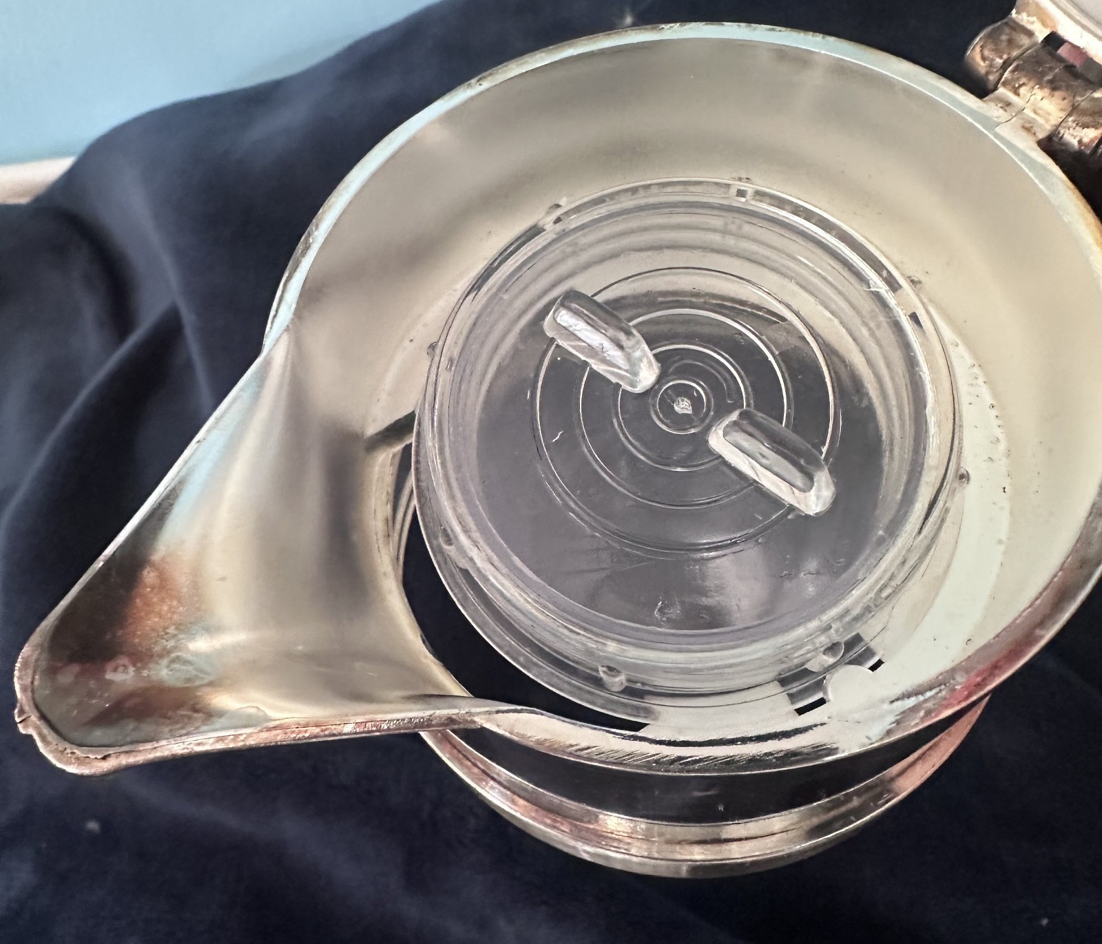 Vintage Crystal Decanter w/ Silverplate Spout & Handle Ice Core Insert