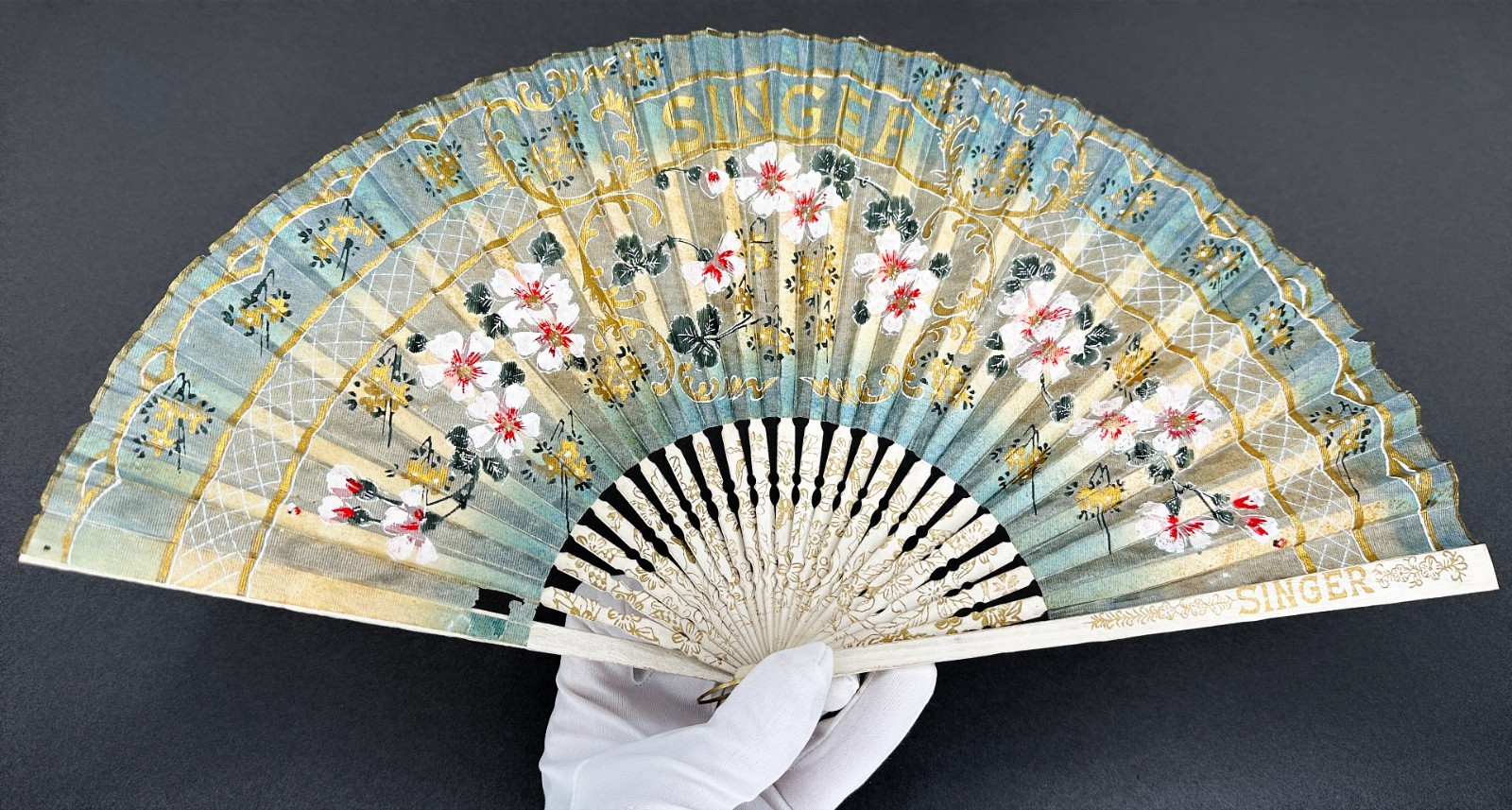 Singer Sewing Advertising Fan Antique Hand Painted Washi Japan 1921-1930