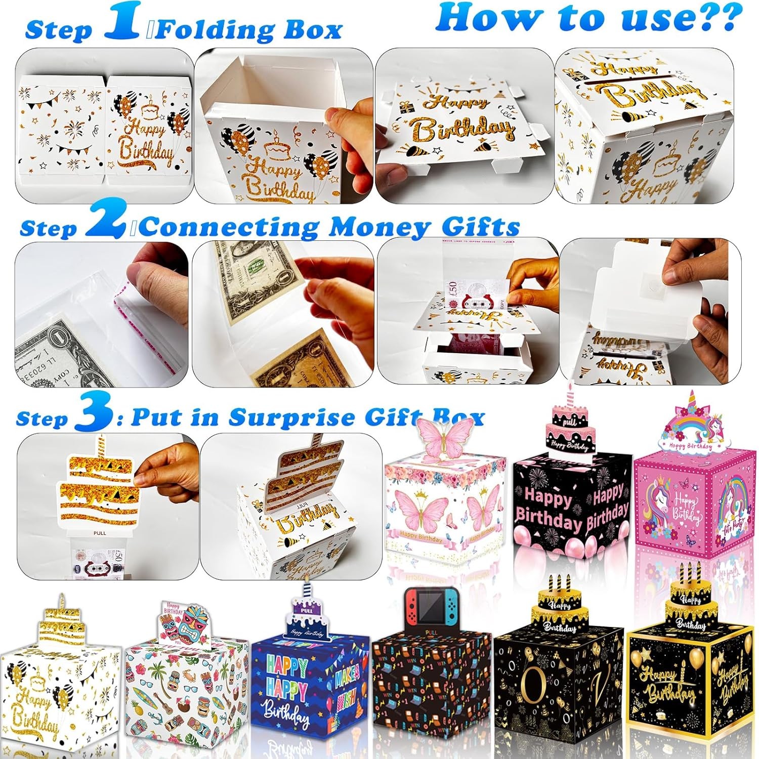 Birthday Money Box for Cash Gift Pull, Surprise Money Roll Gift Box with Pull Ou