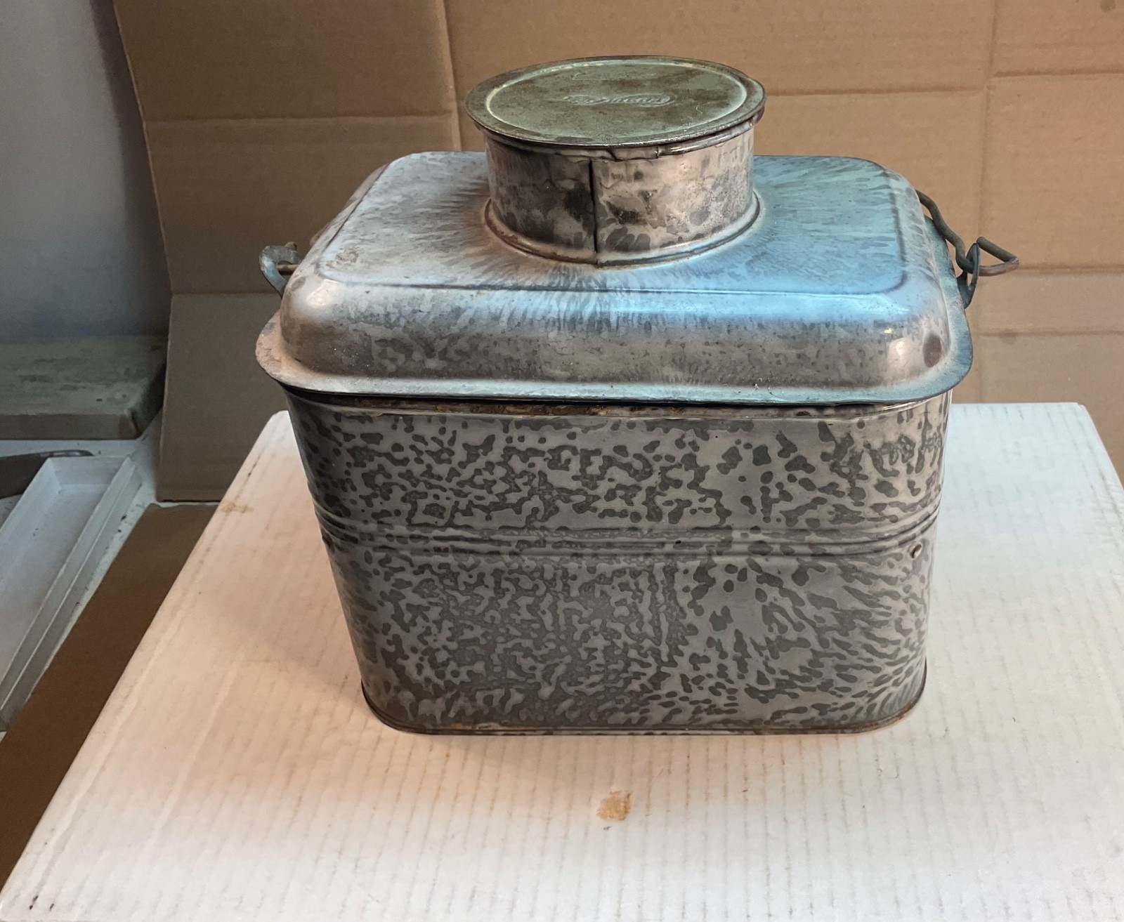 #278 MARKED CREAM CITY GREY GRANITEWARE MINERS RAILROAD LUNCH PAIL 5 PCS 8" TALL