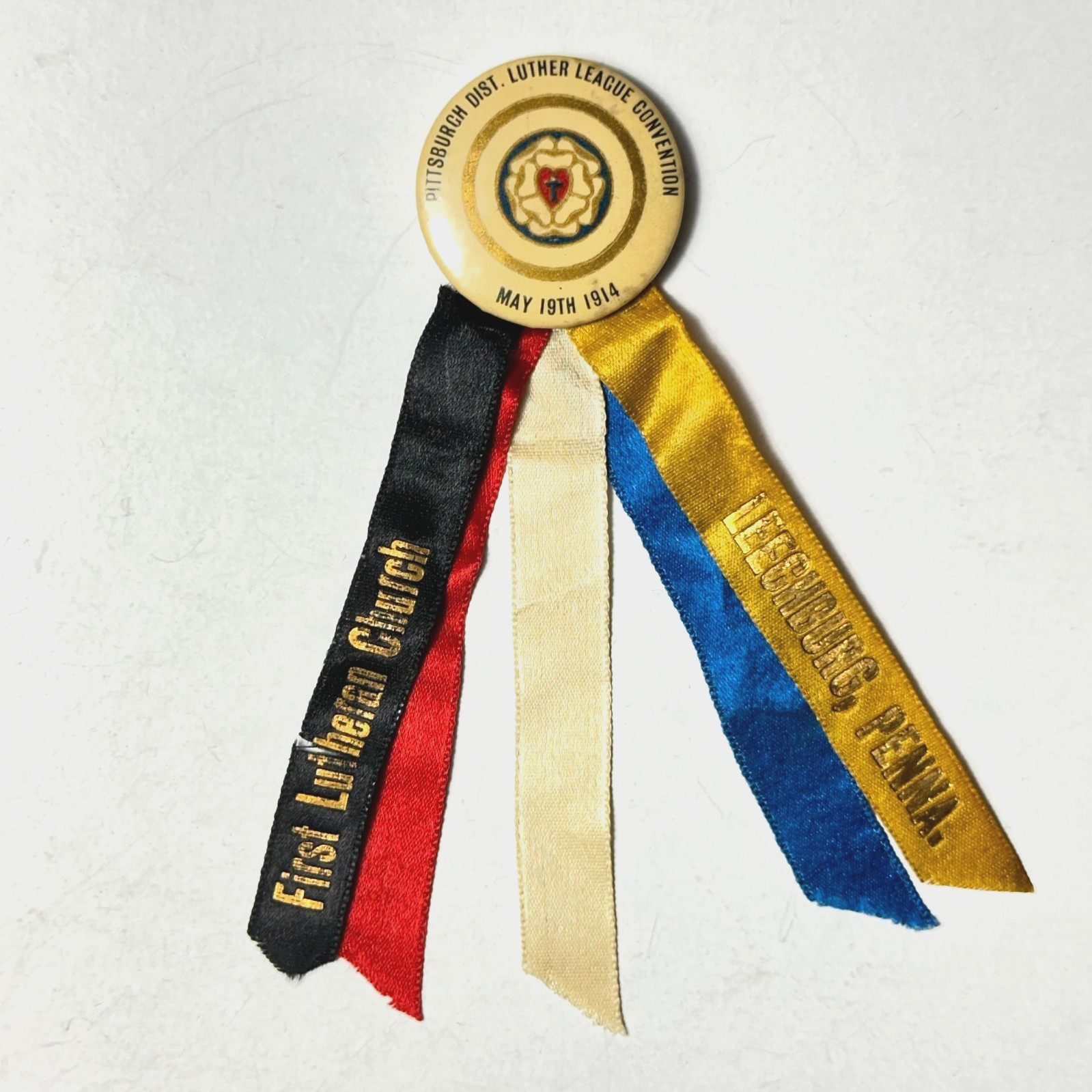 1914 Pittsburgh Dist Luther League Convention Leechburg PA 4.25"H Pinback Ribbon