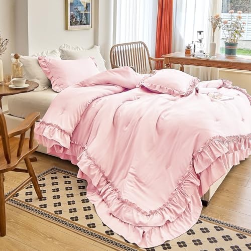 Ruffle Comforter Set 3 Pieces Vintage Ruffle Fringe Queen Peach Pink