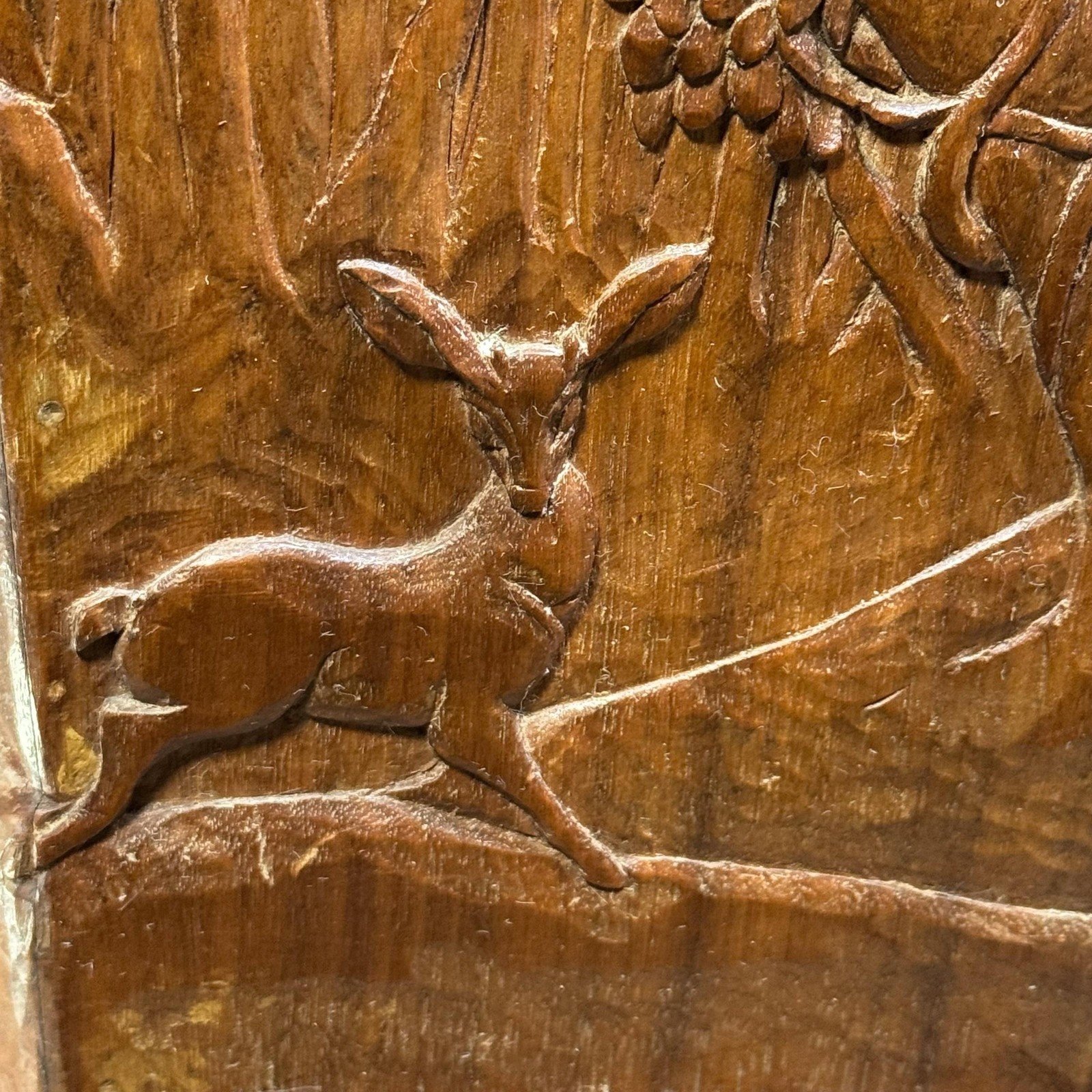 Vintage Hand Carved Wood Deer Forest Table Vase Pentagon Rustic Folk Primitive