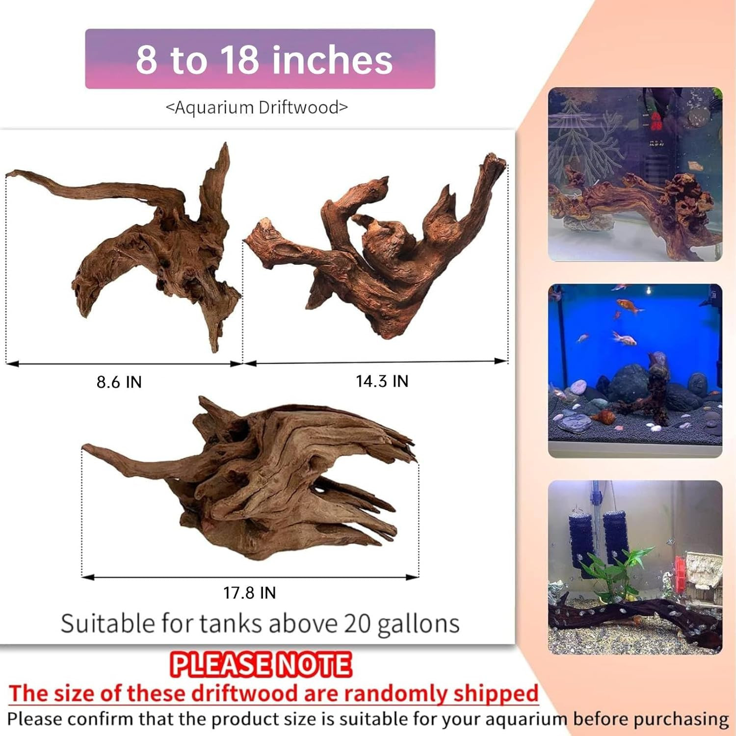 Natural Large Aquarium Driftwood 2 PCS 8-18 Inch for Fish Tank & Terrarium