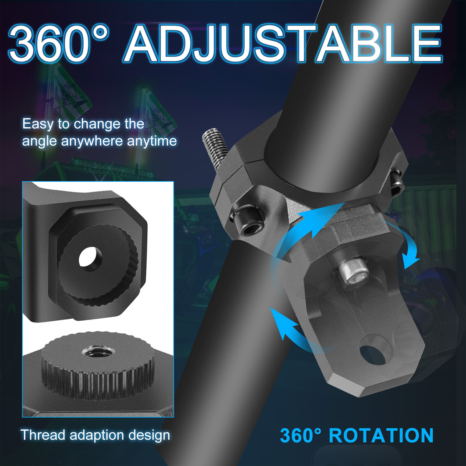 2x For Polaris RZR LED Whip Lights Mounting Brackets 1.5-2.5" Roll Bar Mount UTV