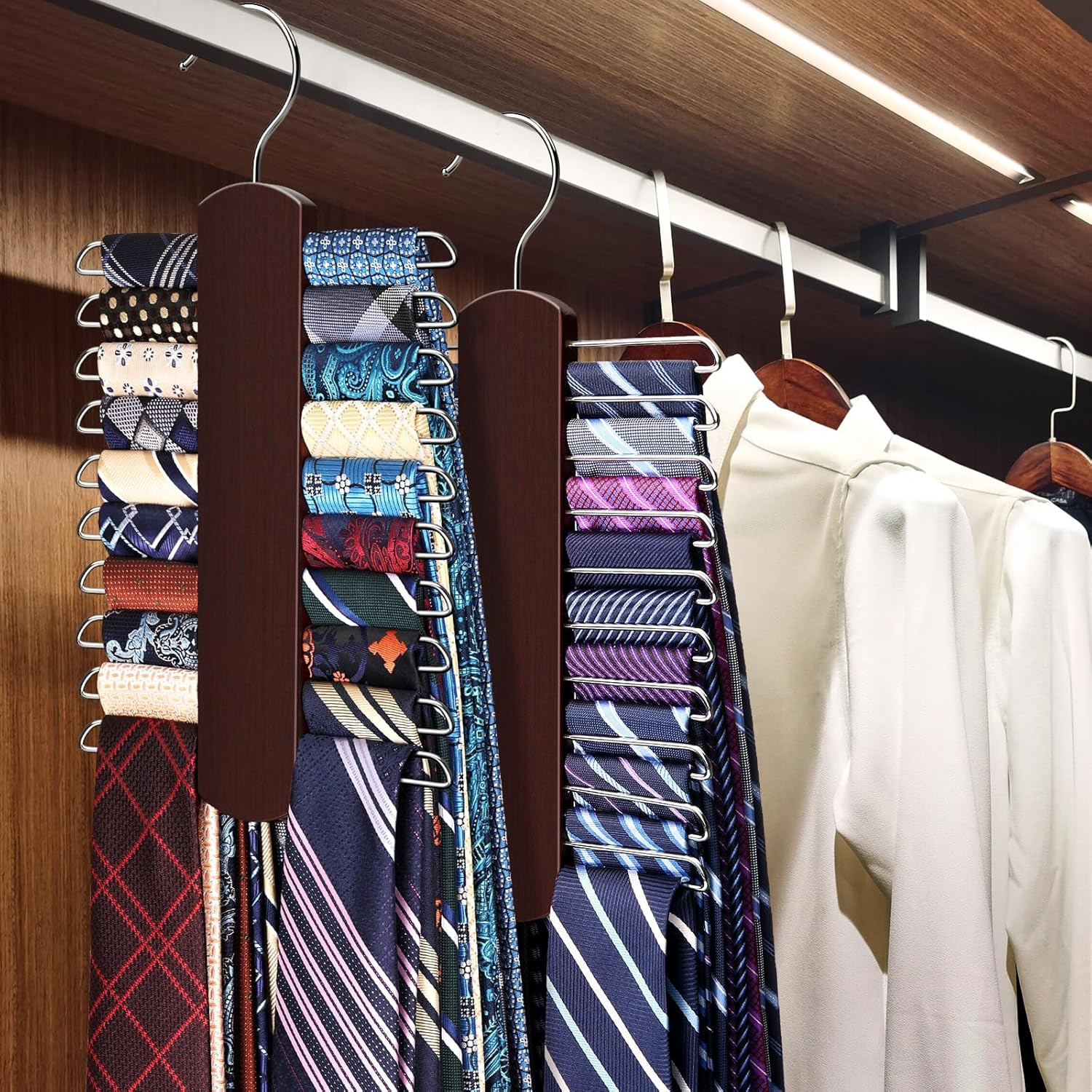 2 Pack Tie Rack for Closet Premium Wooden Necktie Organizer Storage Tie/Belt 40