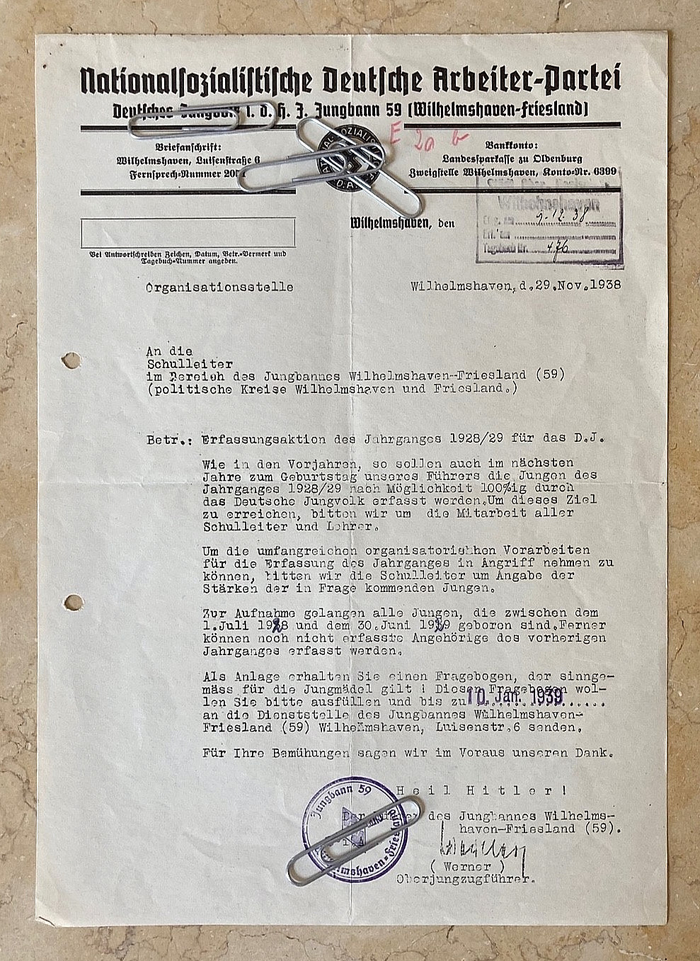 PRE-WW2 GERMAN NATIONAL SOCIALIST YOUNG PEOPLE'S LEAGUE REGISTRATION LETTER