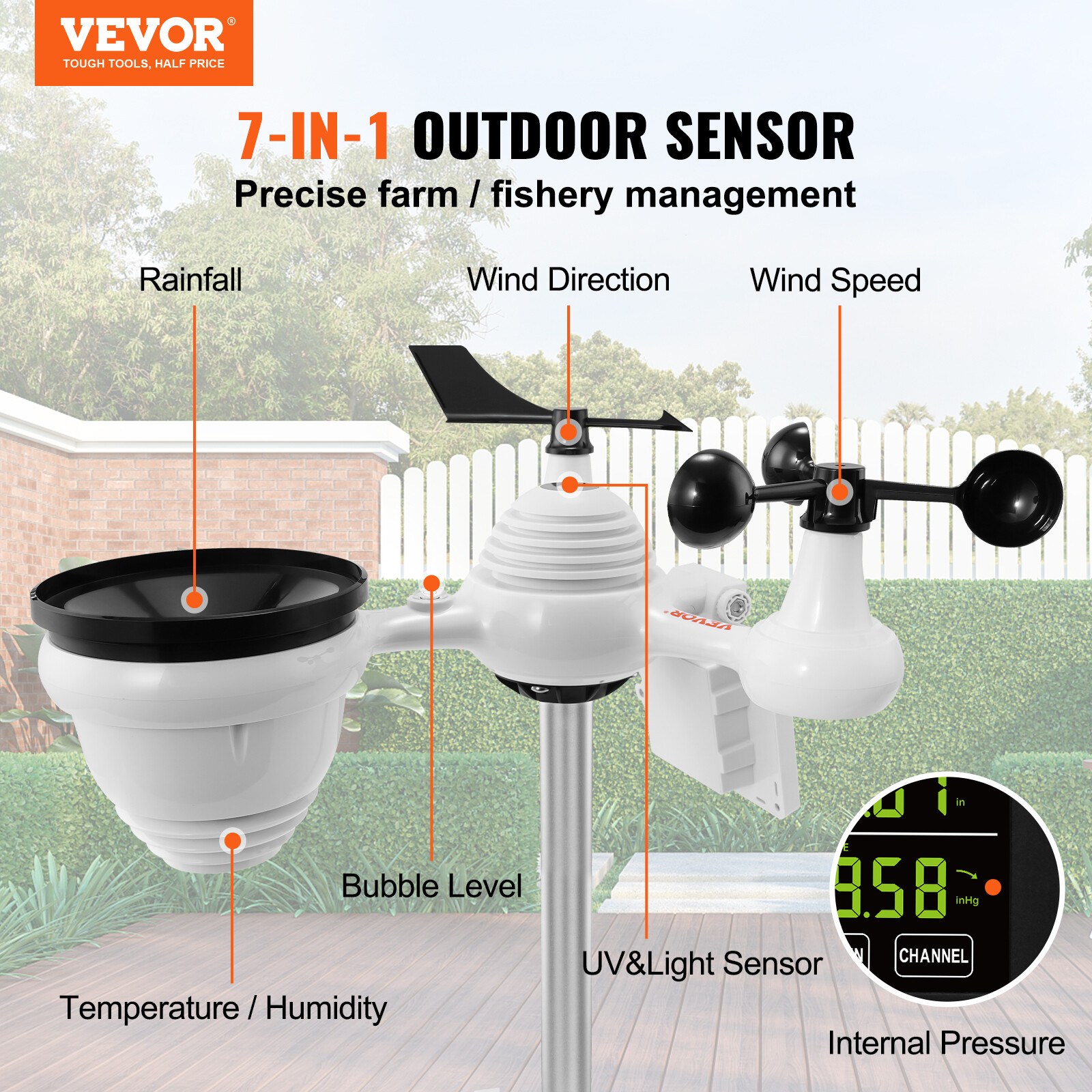 VEVOR 7-in-1 Wi-Fi Weather Station 7.5 in Color Display Wireless Outdoor Sensor