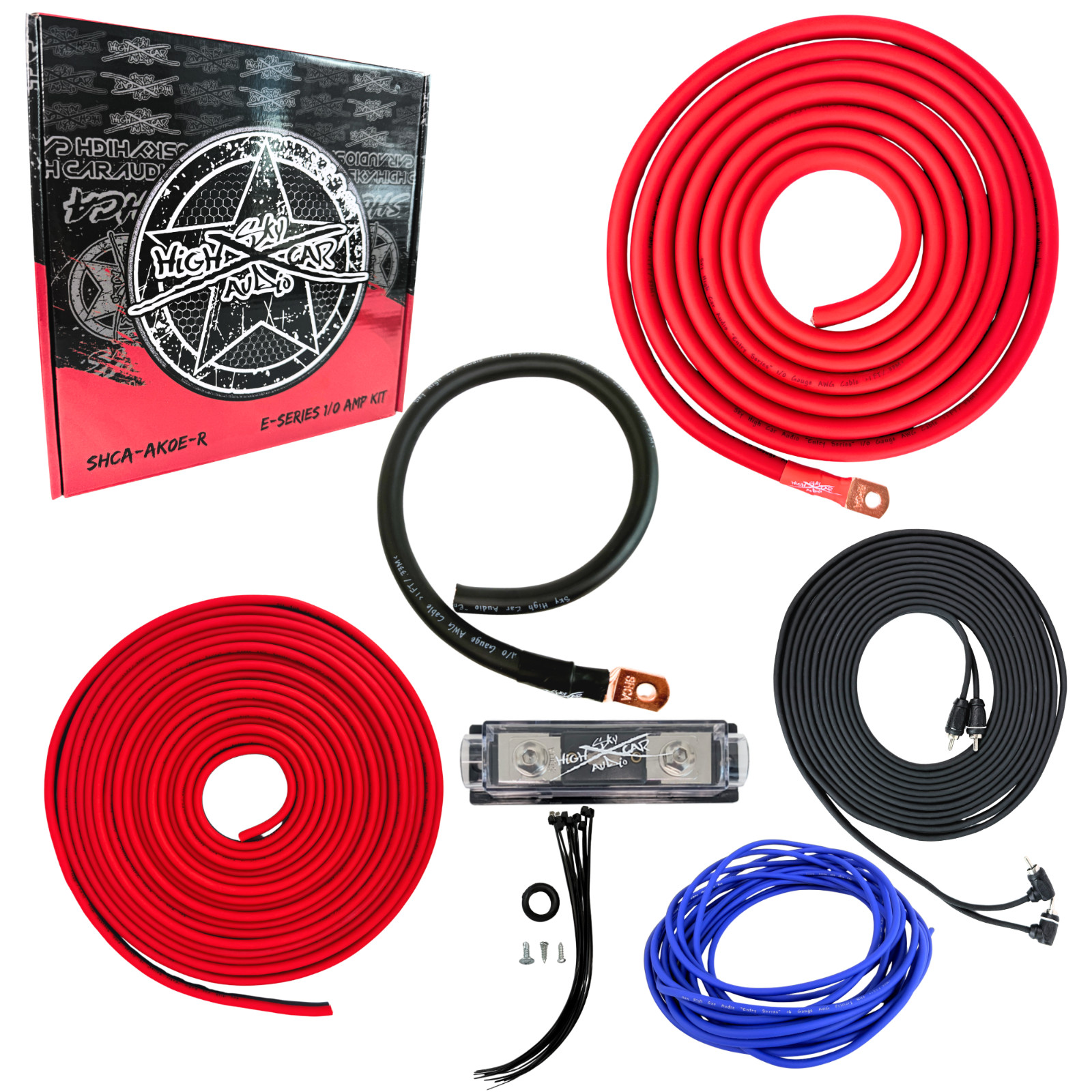 Sky High Car Audio CCA 1/0 E-Series Amp Kit Red Black Oversized AWG Complete