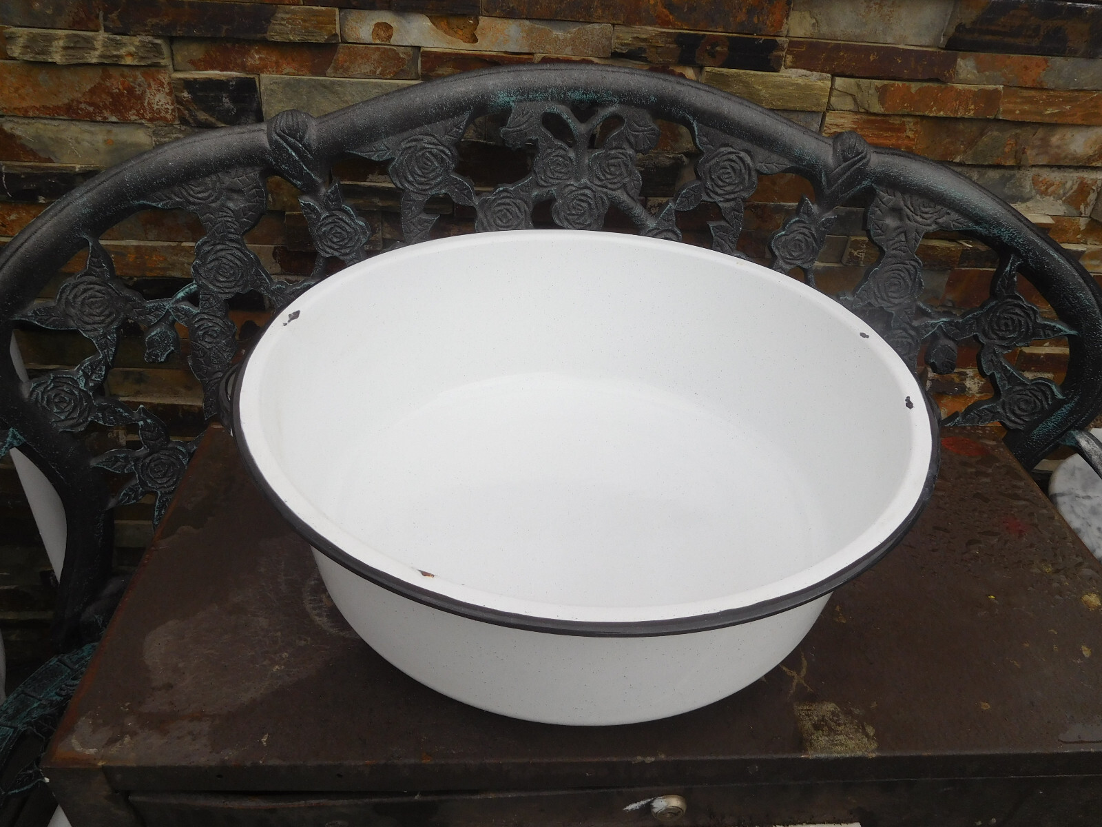 Vintage Enamel Ware Tub Basin Wash Bowl with Handles 17 ” White Black ~ FREE SH~