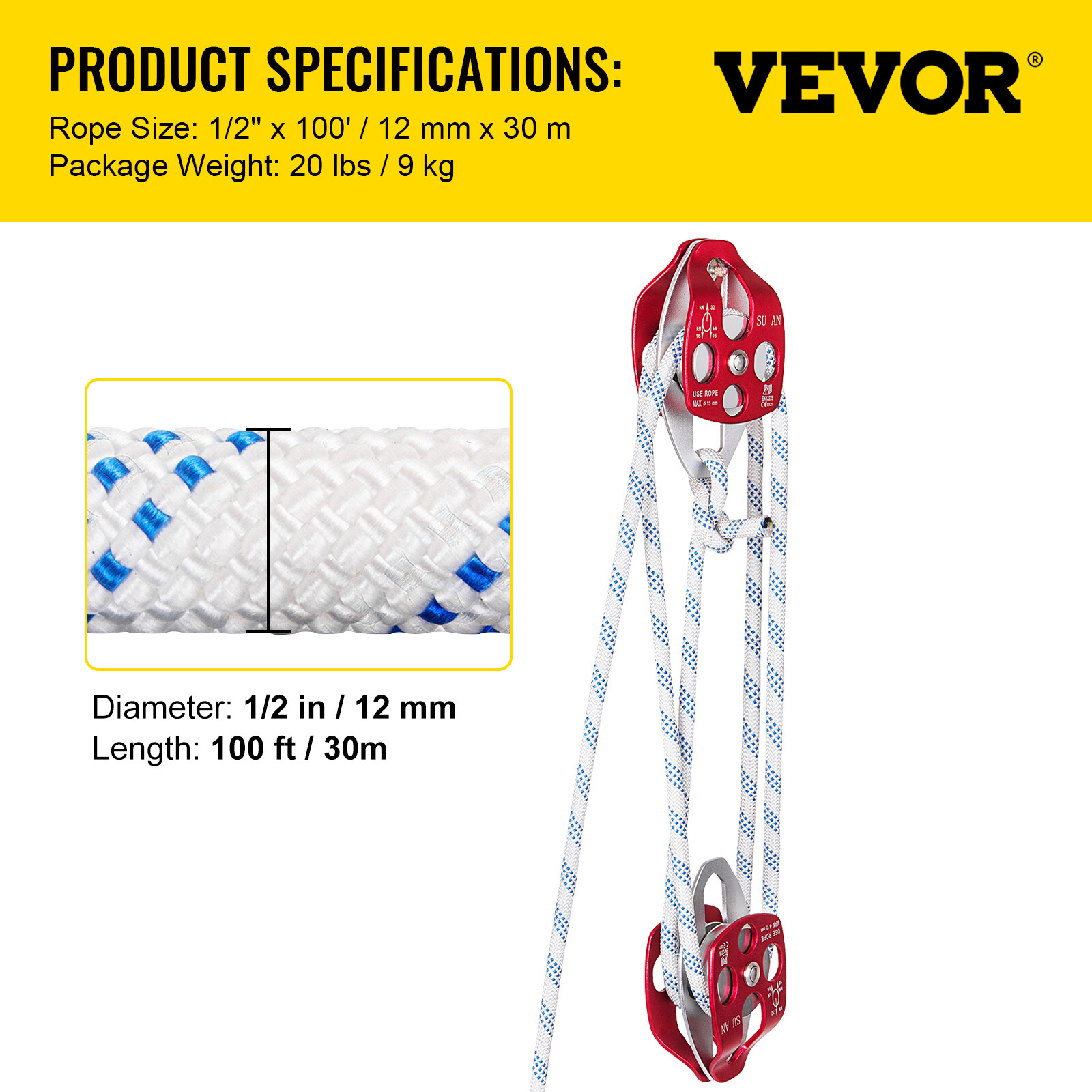 Twin Sheave Block and Tackle 7700Lb Pulley System 100' 1/2" Outdoor Rigging Rope