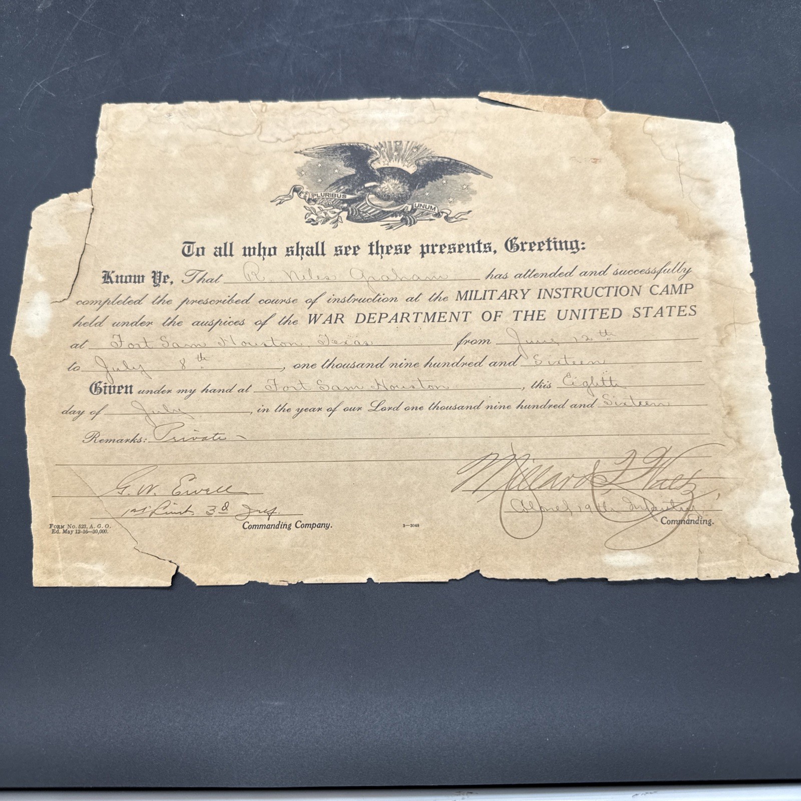 WWI 1916 U.S. Army Fort Sam Houston 3rd Infantry Regiment Military Instruction