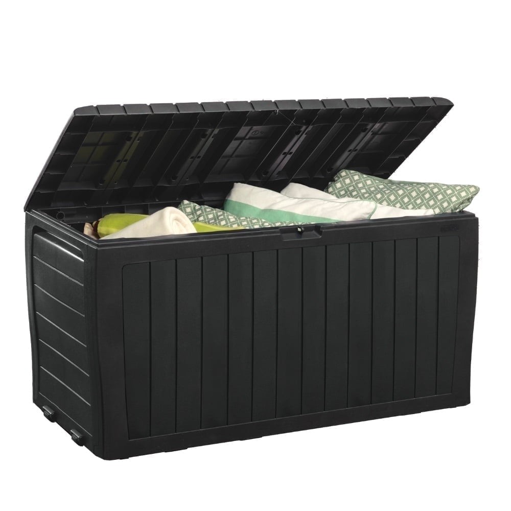 Keter Marvel Plus 71 Gallon Resin Outdoor Storage Box with Wood-Look Texture,