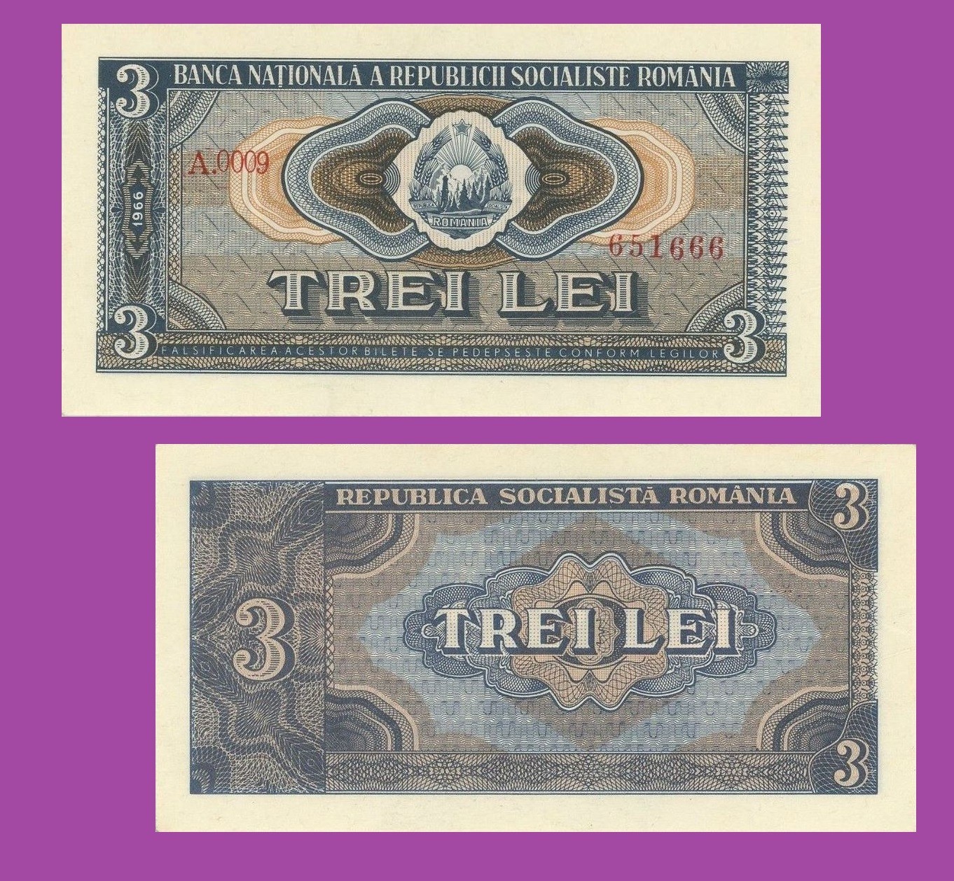 Romania 3 lei 1966  rare   - Copy