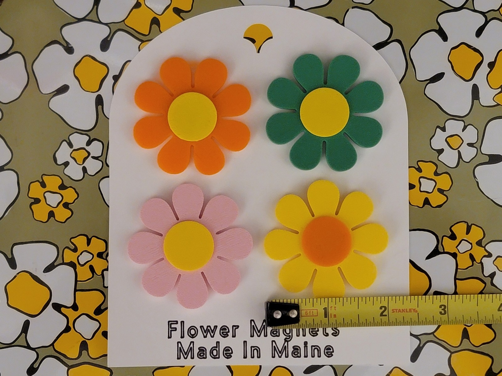 Flower Power Retro Magnets - 4x Yellow w/ Orange - Vintage Retro MCM - NEW!