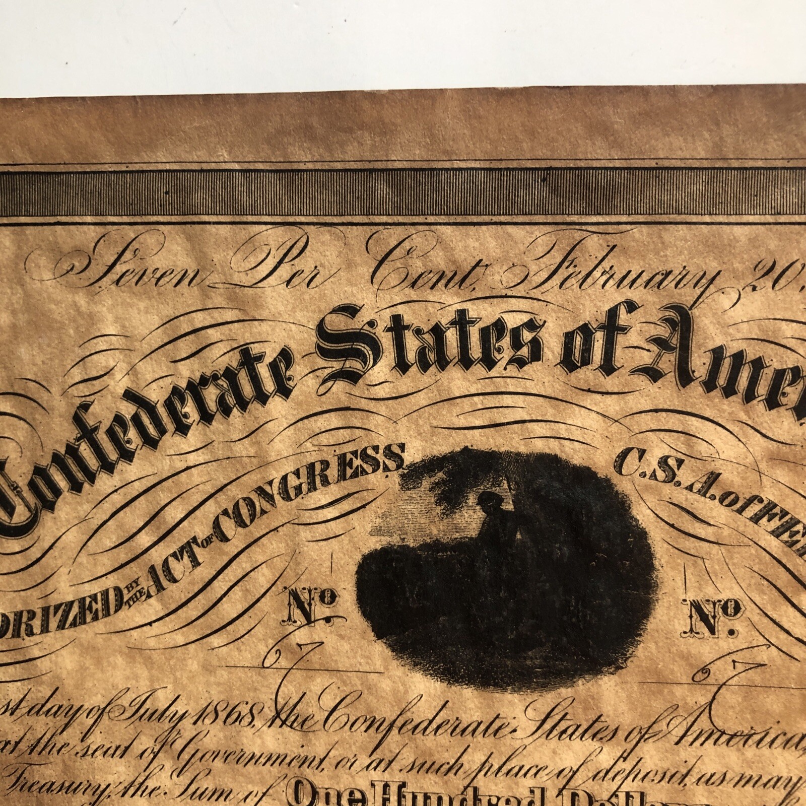Antique Feb 1863 Confederate States of America Loan Bond #67 100$ Richmond