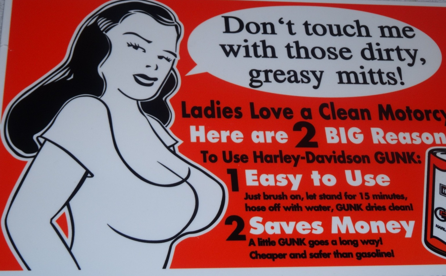 VINTAGE HARLEY DAVIDSON MOTORCYCLE GUNK WOMAN 12" MOTOR CYCLE GASOLINE OIL SIGN!