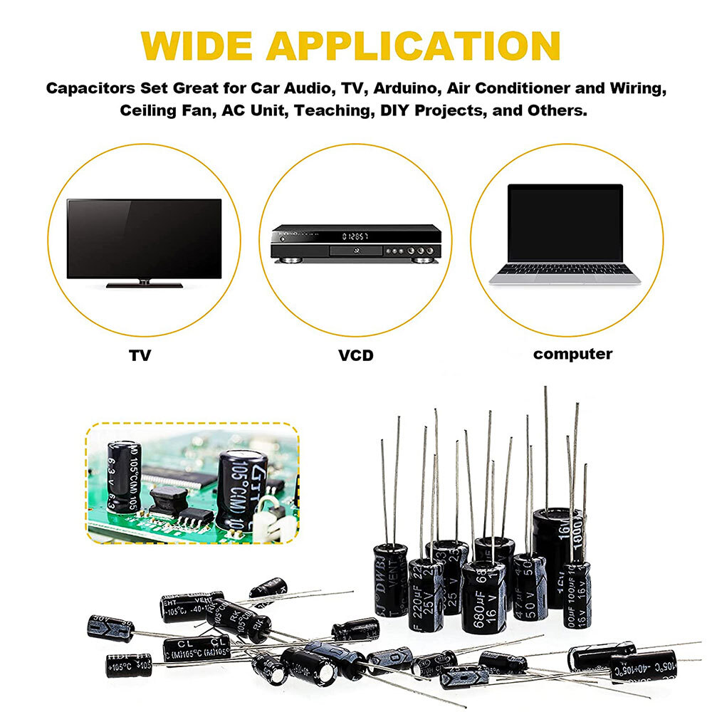 500pc Radial Electrolytic Capacitor Assortment Kit 24 Value 0.1uF-1000uF 10V-50V