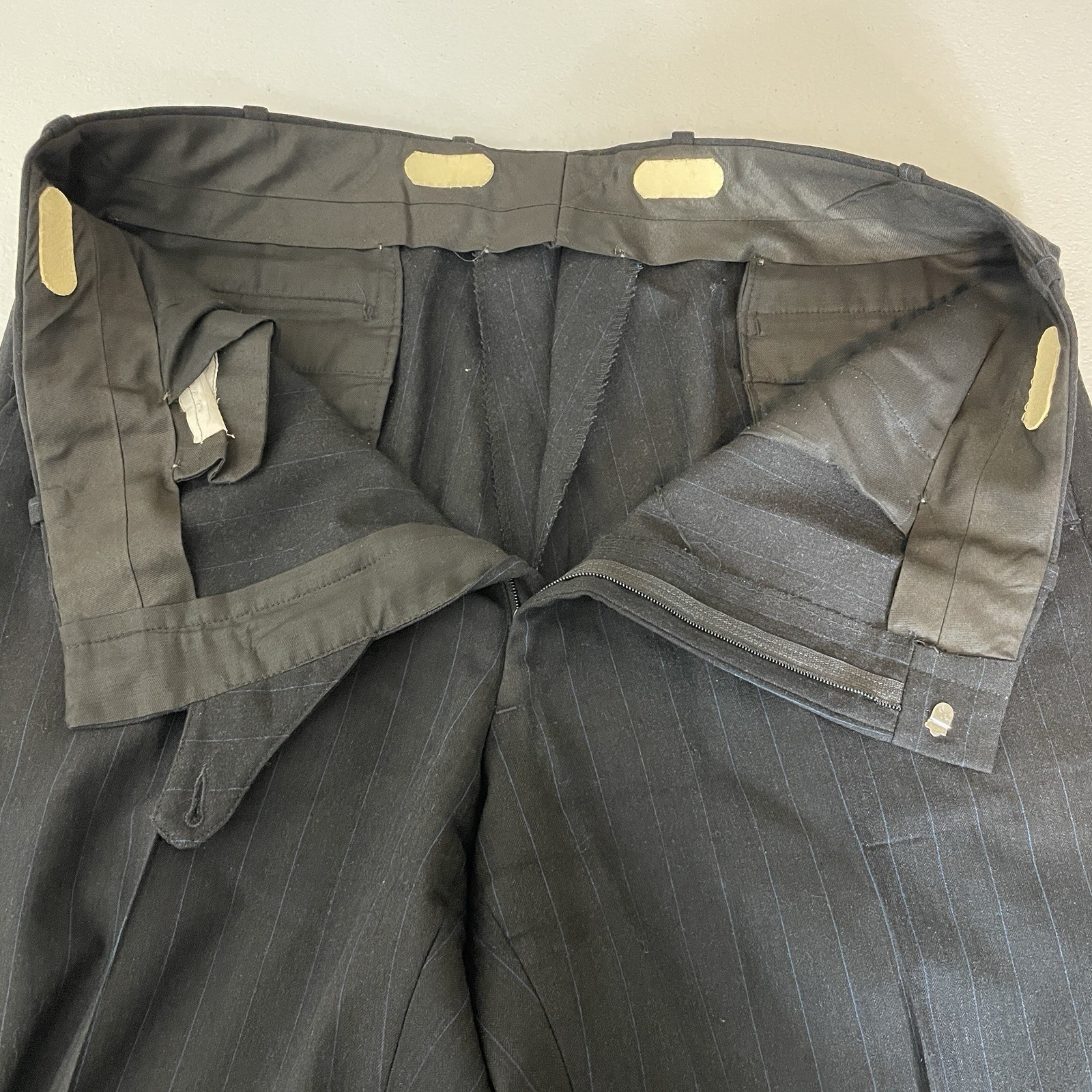 Paul Cicchini Bespoke 2 Piece Suit Mens 46XL 38x33 Black Blue Striped Wool USA