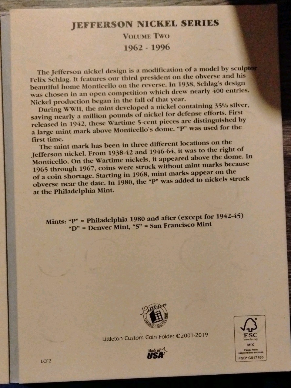 Complete Book/Set Jefferson Nickels 1962-1996 in Littleton Folder