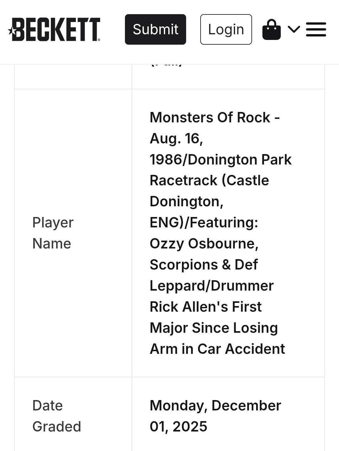 Ozzy Osbourne Monsters Of Rock Concert Ticket Donington Park 8/16/1986 Beckett