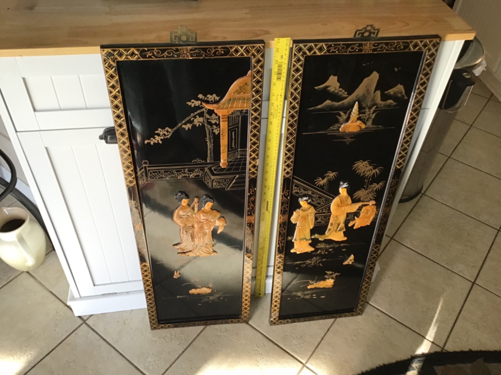 Black Lacquer Asian Geshia women beautifully painted wooden inlay. 12” X 36” tal