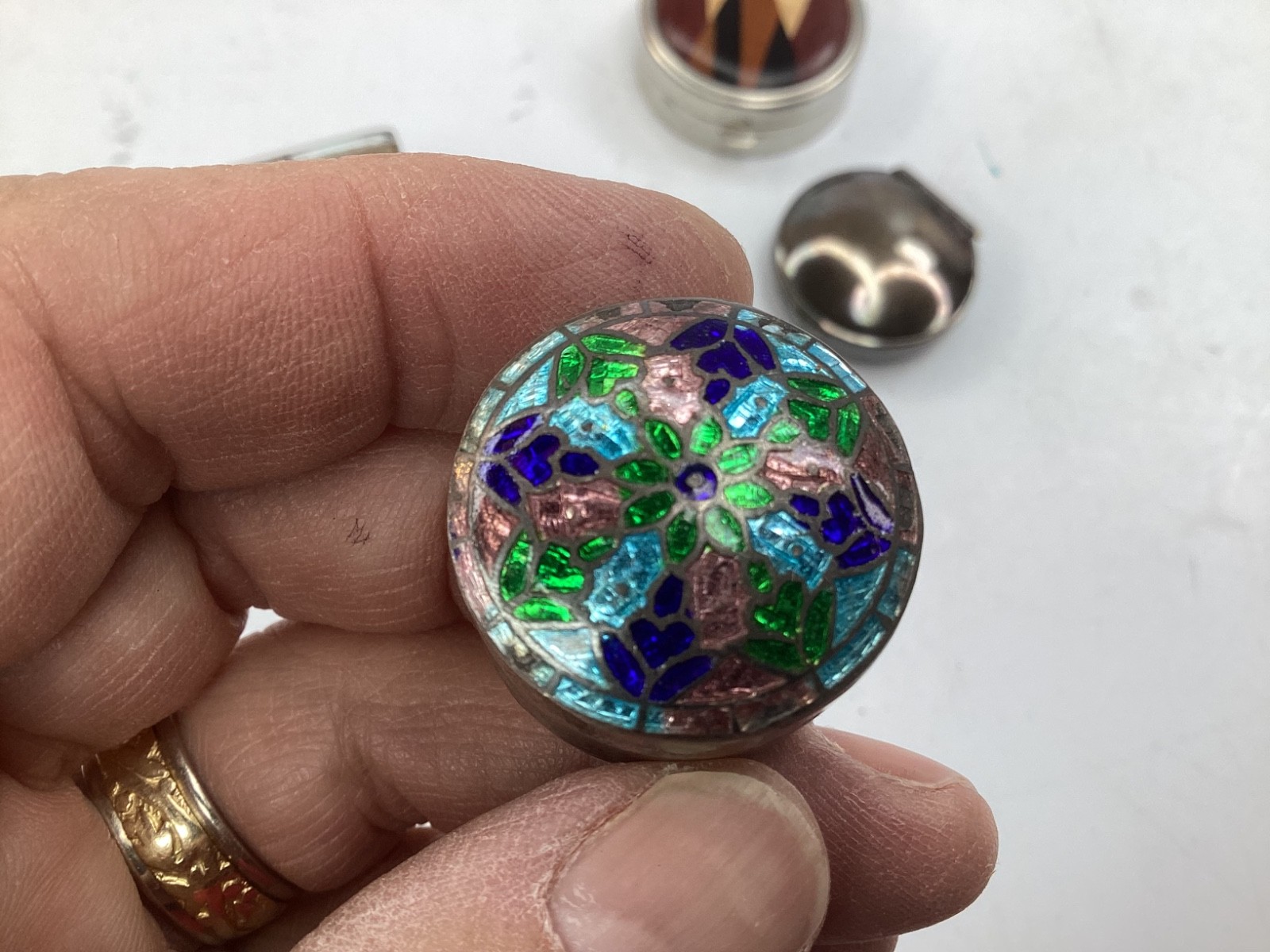 4 Vintage Engraved Sterling Silver Rectangle Pill Box,cloisonné, wood inlay+(B3)