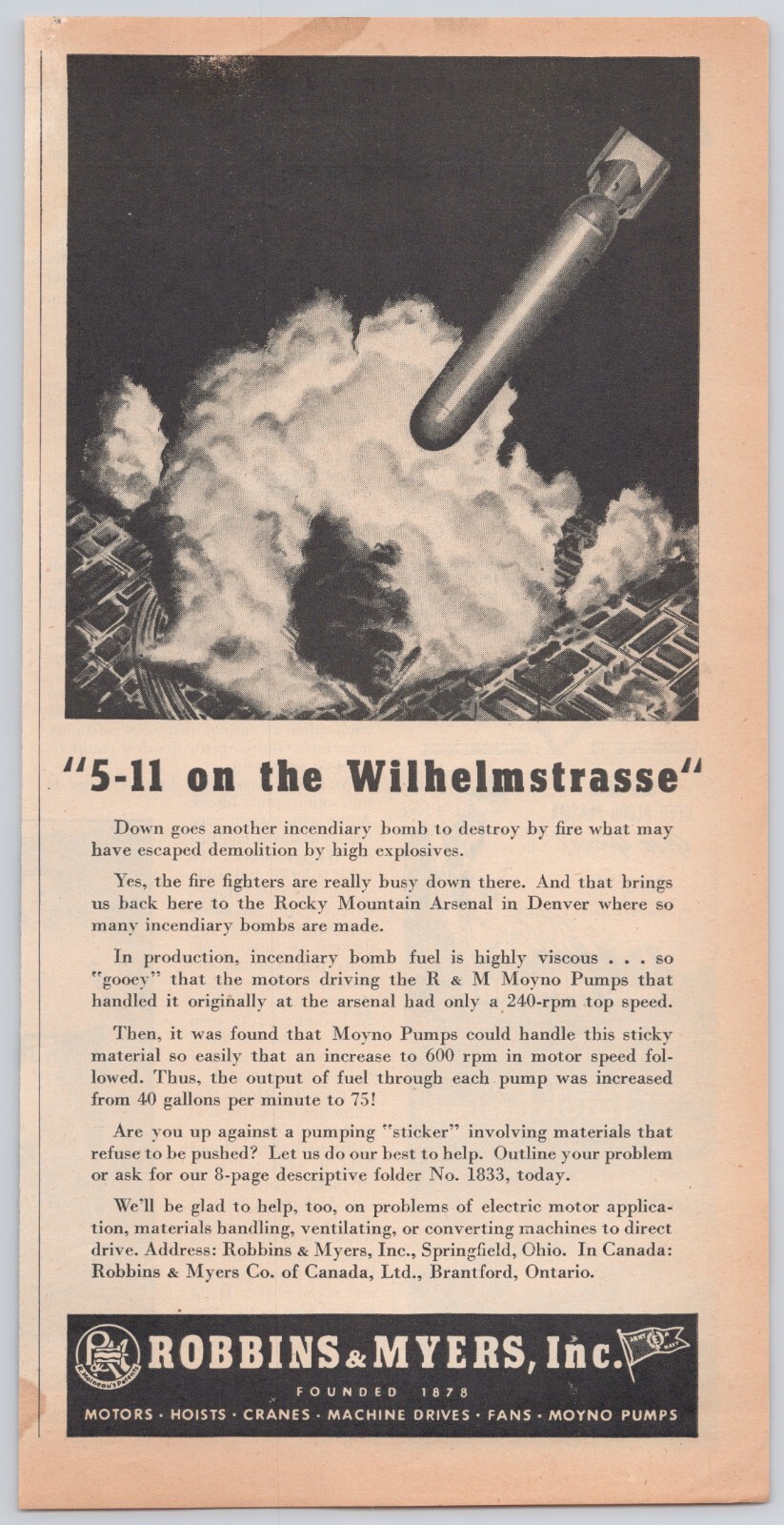 Springfield Ohio Robbins And Myers Bomb Fuel Pump Arsenal WWII Print Ad 1944