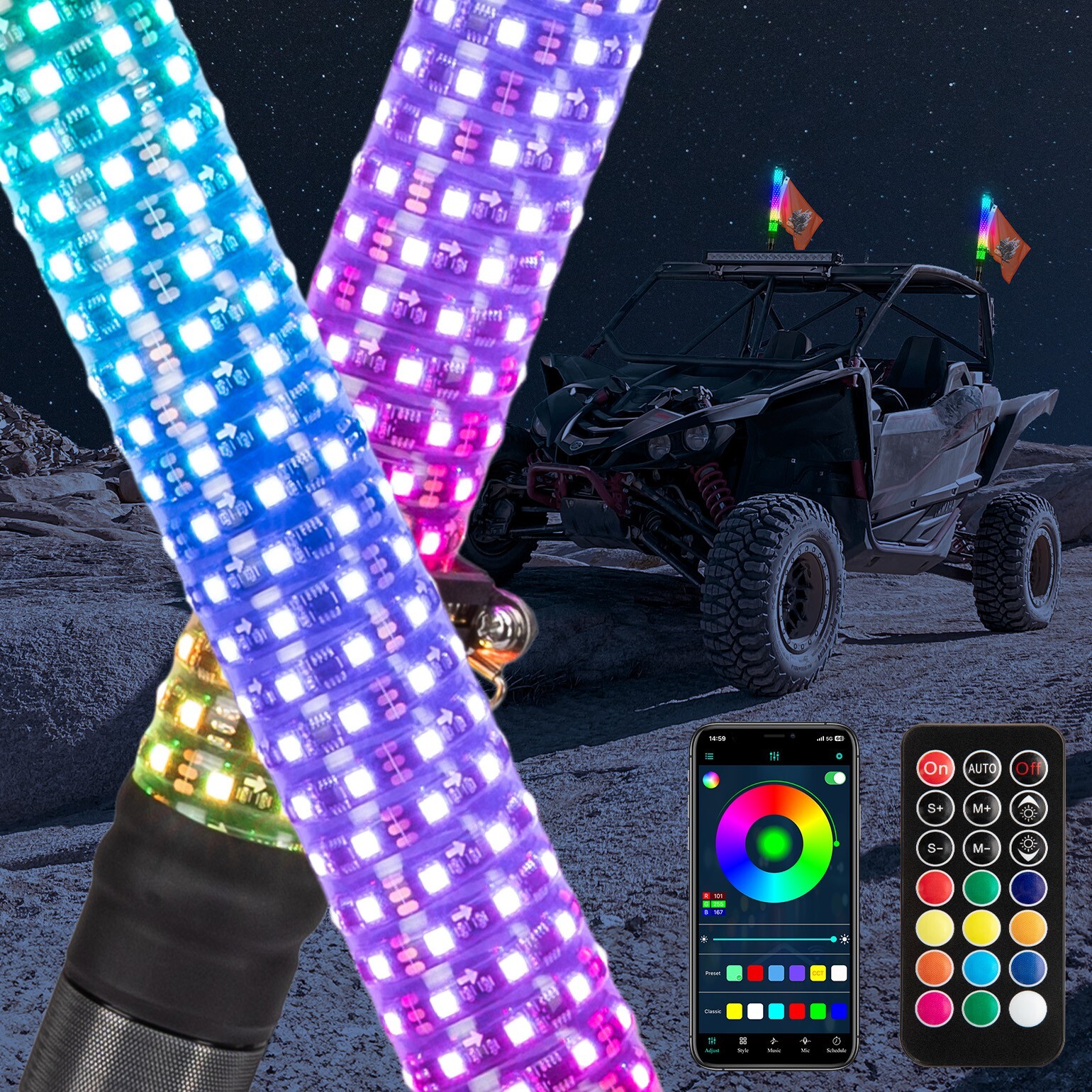 KEMIMOTO 2FT Fat Whip Lights LED Spiral Chasing Lighted w/ Remote & APP Control