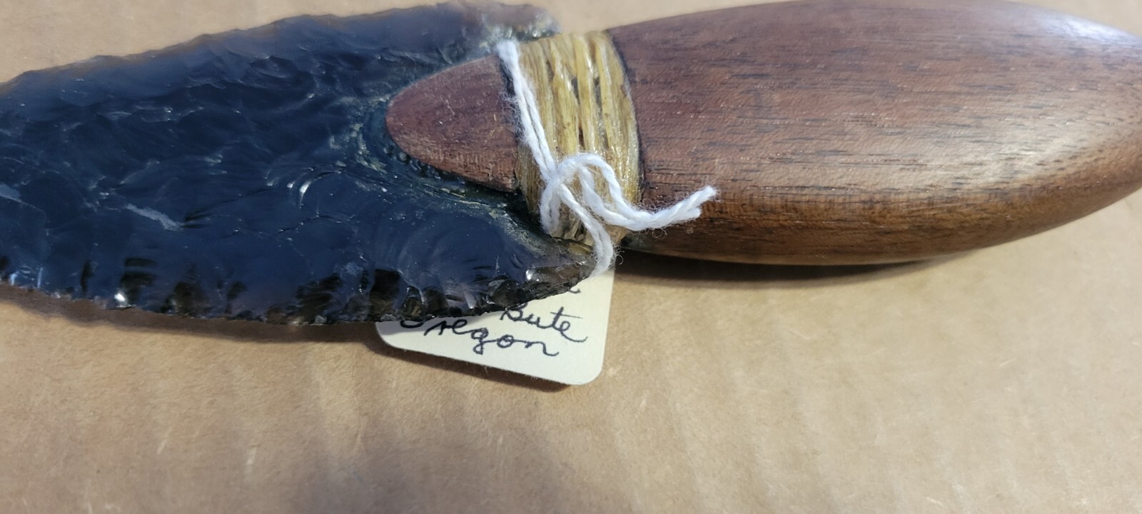 Native Amer.Smokey Obsidian Stone Knife Wood Handle Oregon Dbl. Edge Translucent