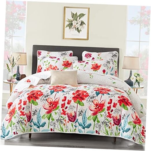 3 Piece Queen Reversible Floral Quilt Set White Red Green Queen (90x90) Flower