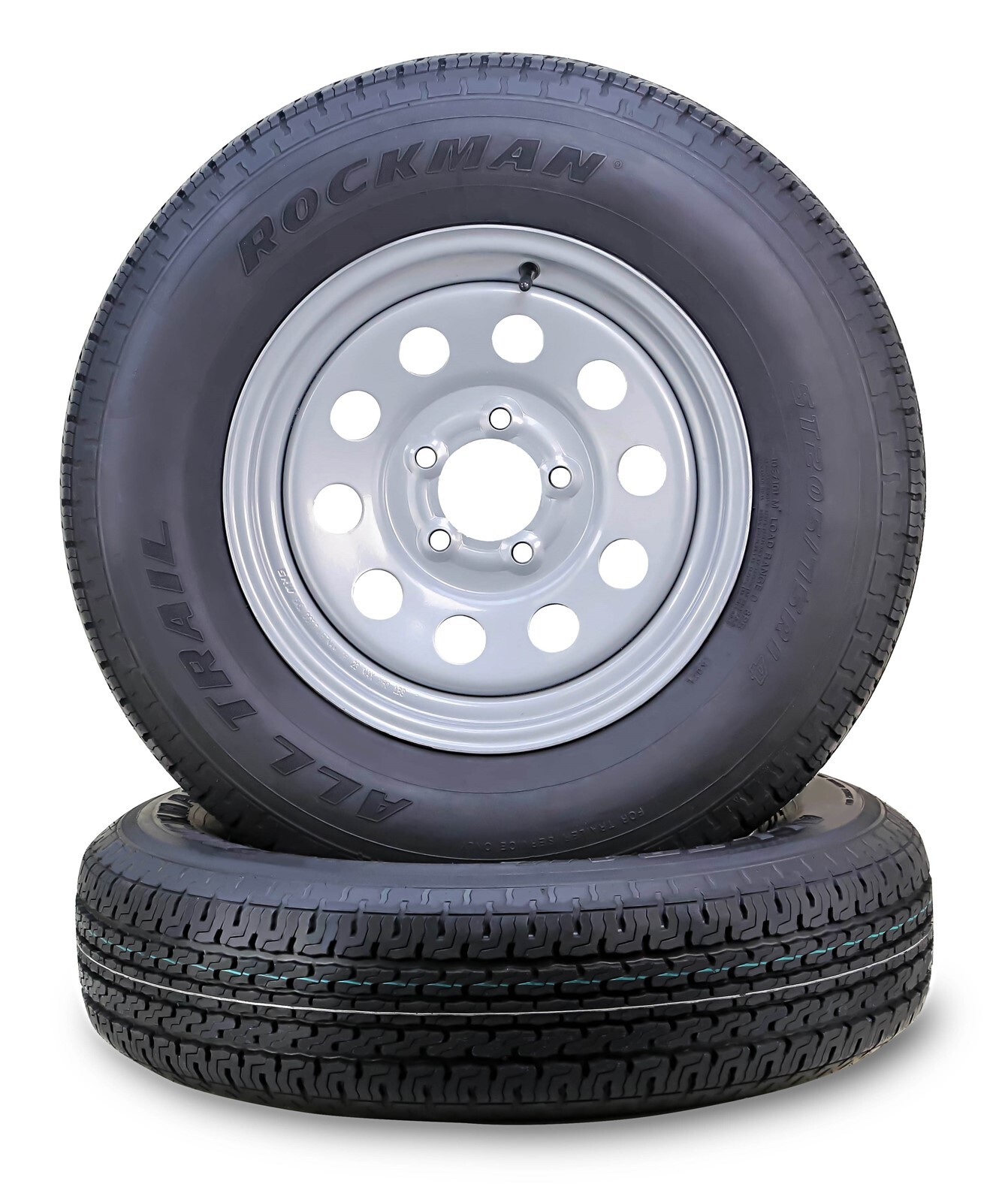 2 ROCKMAN Trailer Tire Assembly ST205/75R14 8-Ply Silver Mod Rim 5 Lug on 4.5"
