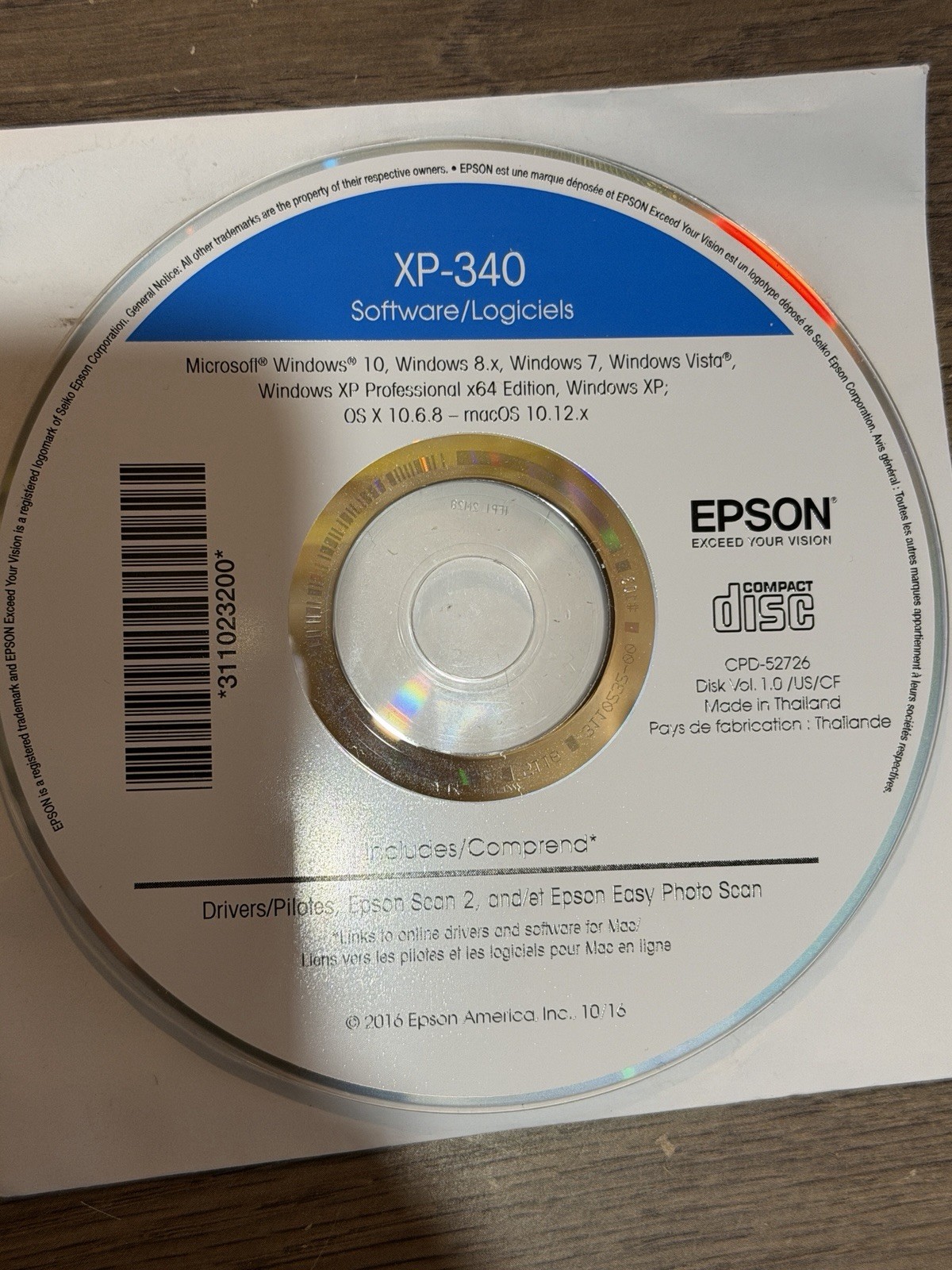 Epson XP-340 Software CD Drivers Disc CPD-52726 For Windows Mac Used OEM