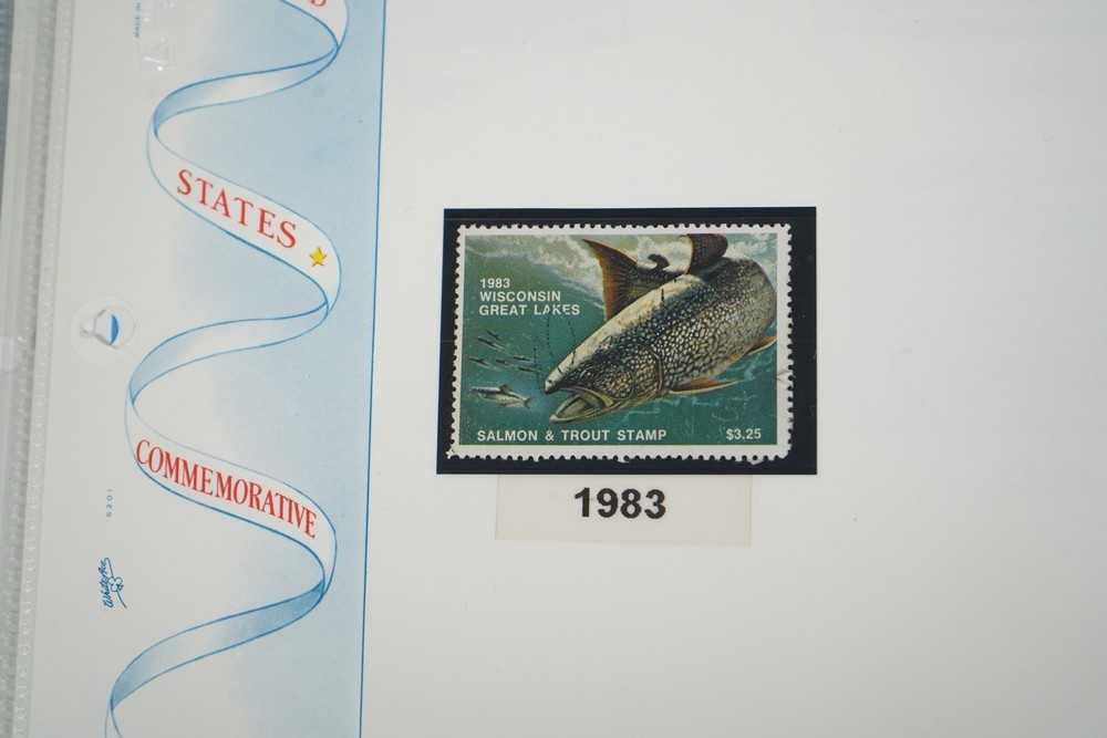 US 1970s-2010s COLLECTION OF 92 WISCONSIN STATE REVENUE STAMPS DUCKS & FISH