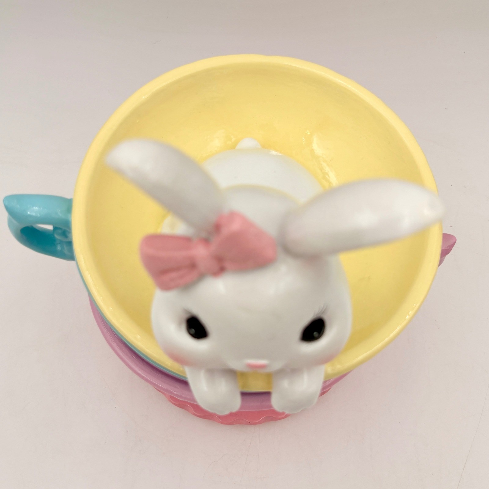 Easter Bunny Rabbit Stack Pastel Teacups Figurine Spring Decor Pink Blue Yellow