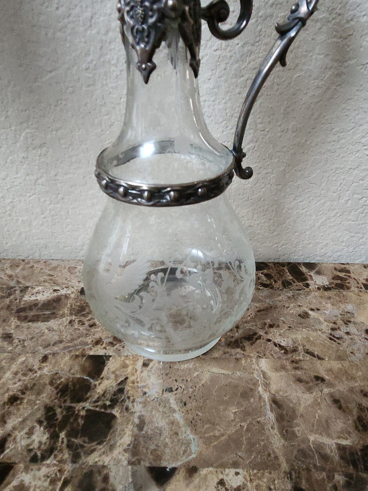 RARE Antique Circa Art Nouveau Silver Plate Etched Glass Claret Jug decanter