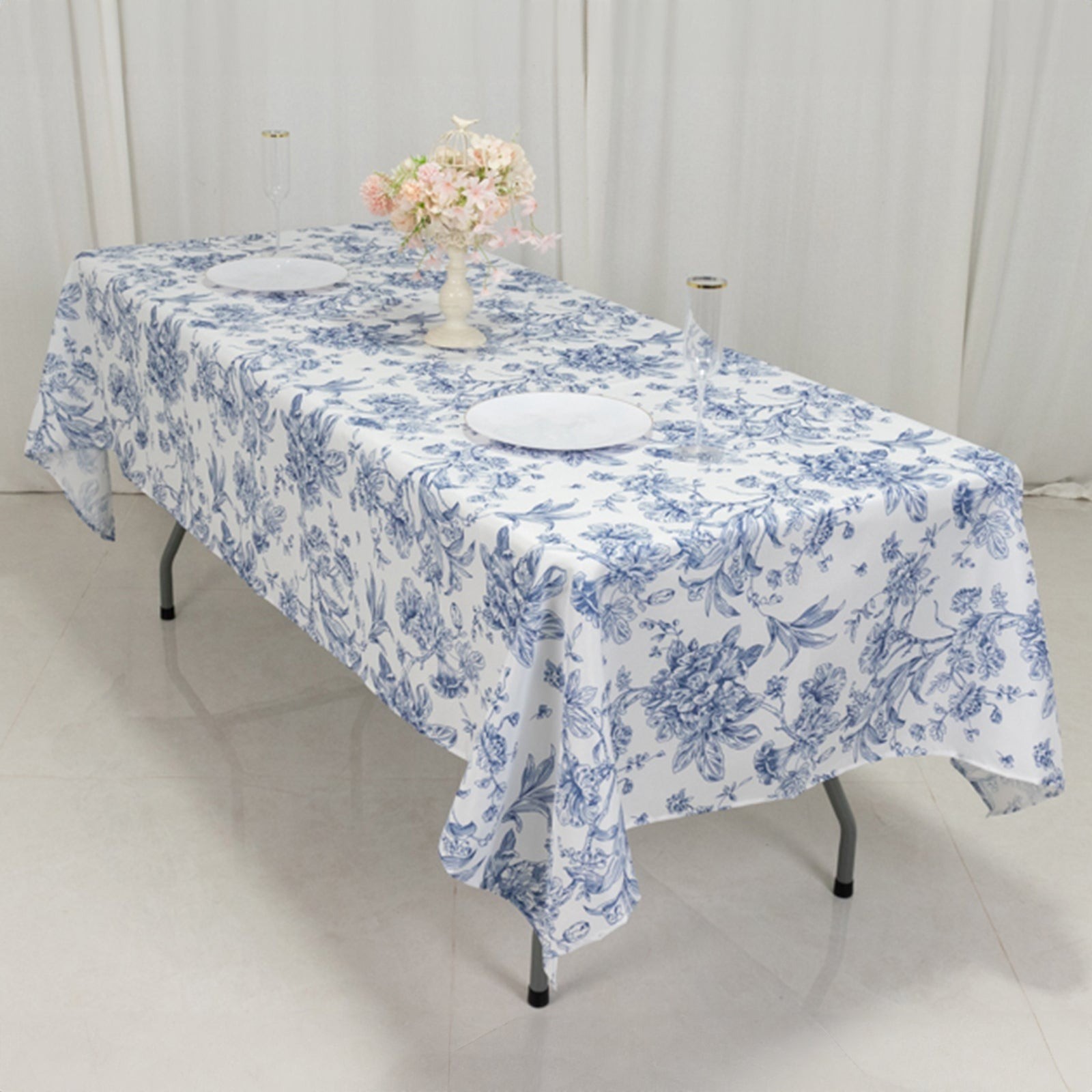 60" x 102" Blue French Toile Pattern Polyester Rectangular Tablecloth