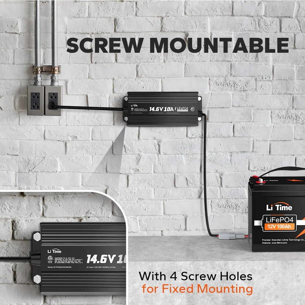 LiTime IP67 Waterproof 14.6V 10A LiFePO4 Onboard Charger for Outdoor Marine Use