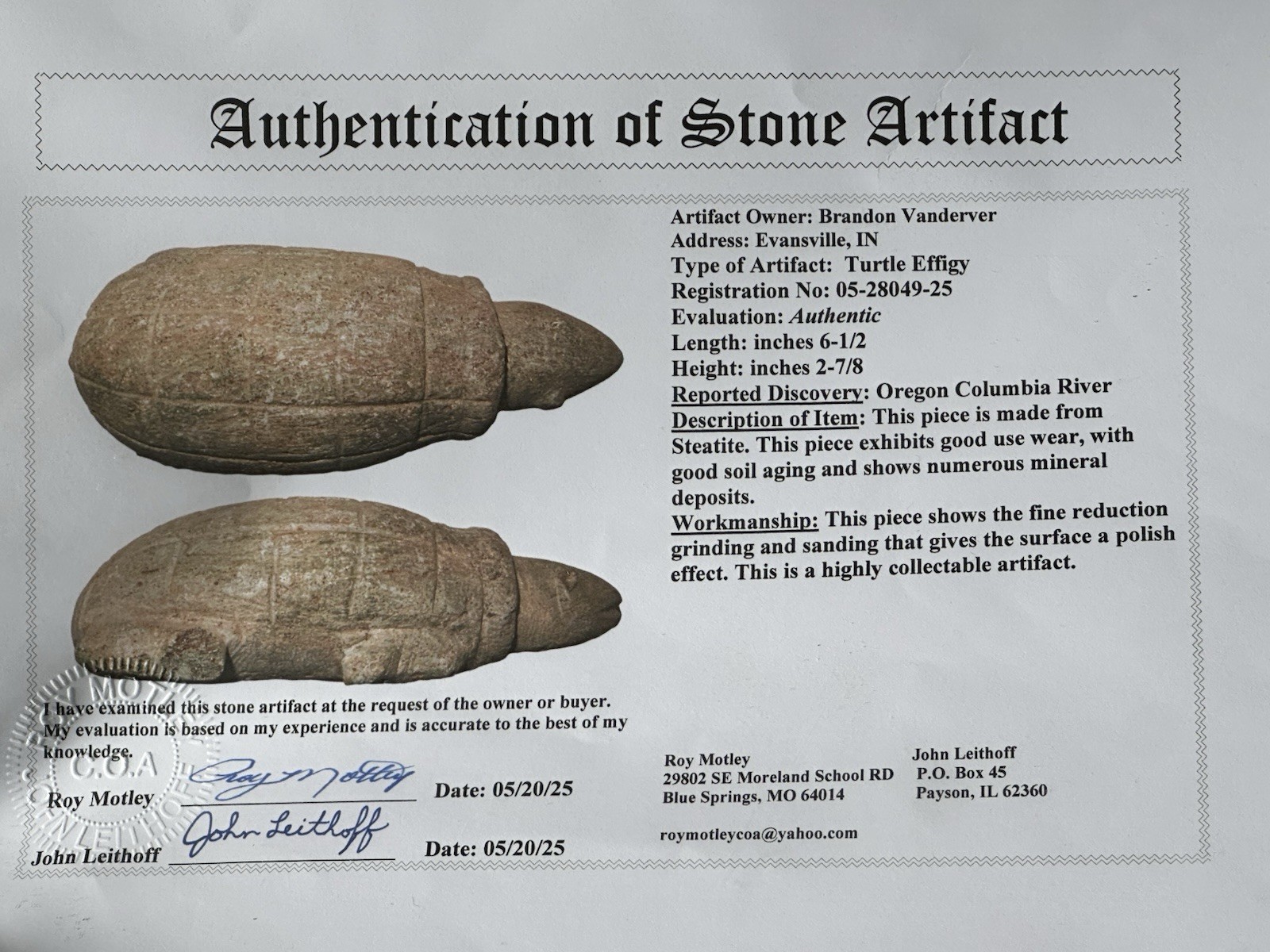 RARE CARVED STONE TURTLE EFFIGY FROM THE COLUMBIA RIVER, OREGON, MOTLEY COA