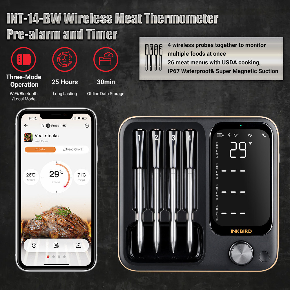 4-Probe Wireless Meat Thermometer Three-Mode WiFi Bluetooth Pre-alarm/Timer BBQ