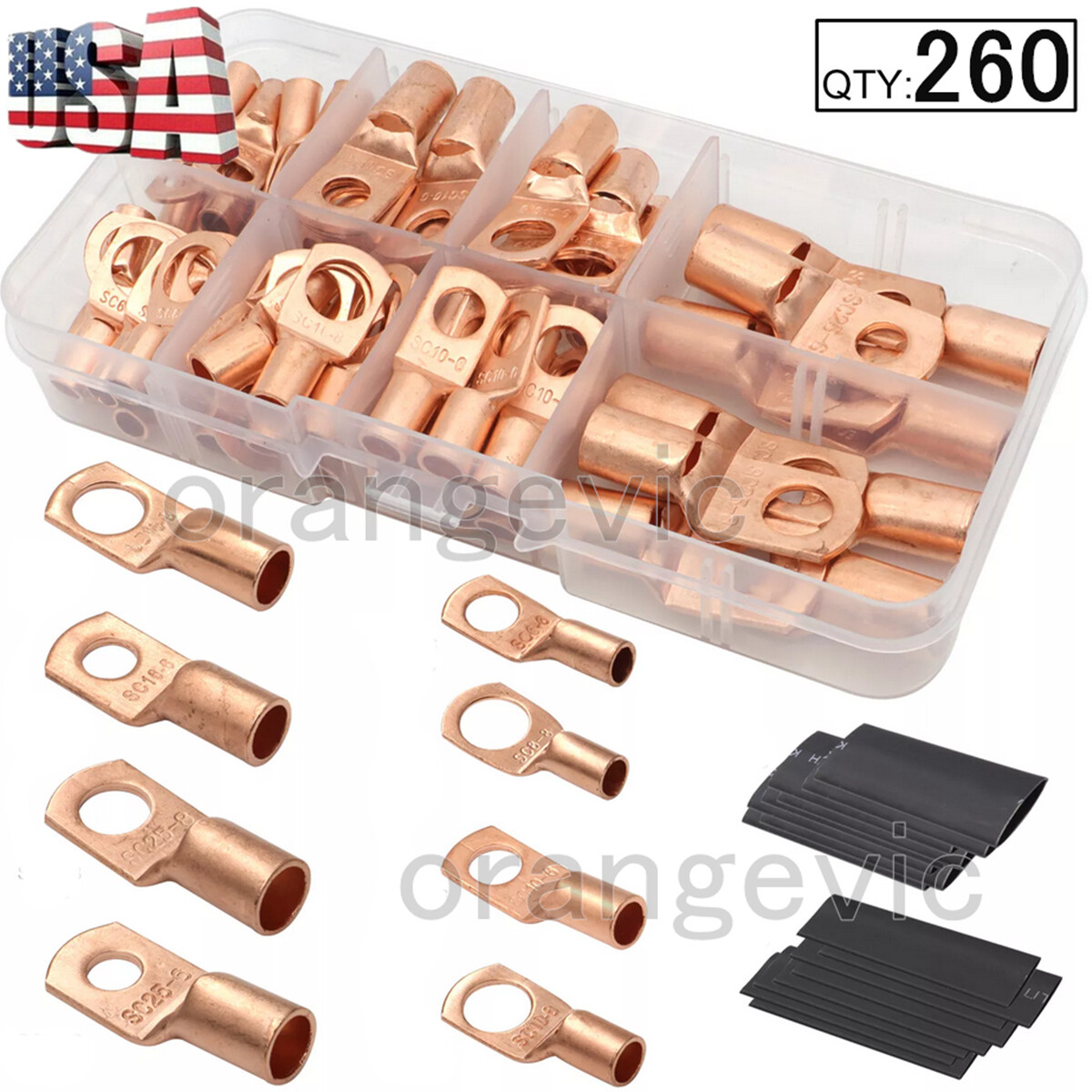 260PC Heavy Duty Wire Lugs Battery Cable Tinned Copper Eyelets SC Ring Terminals