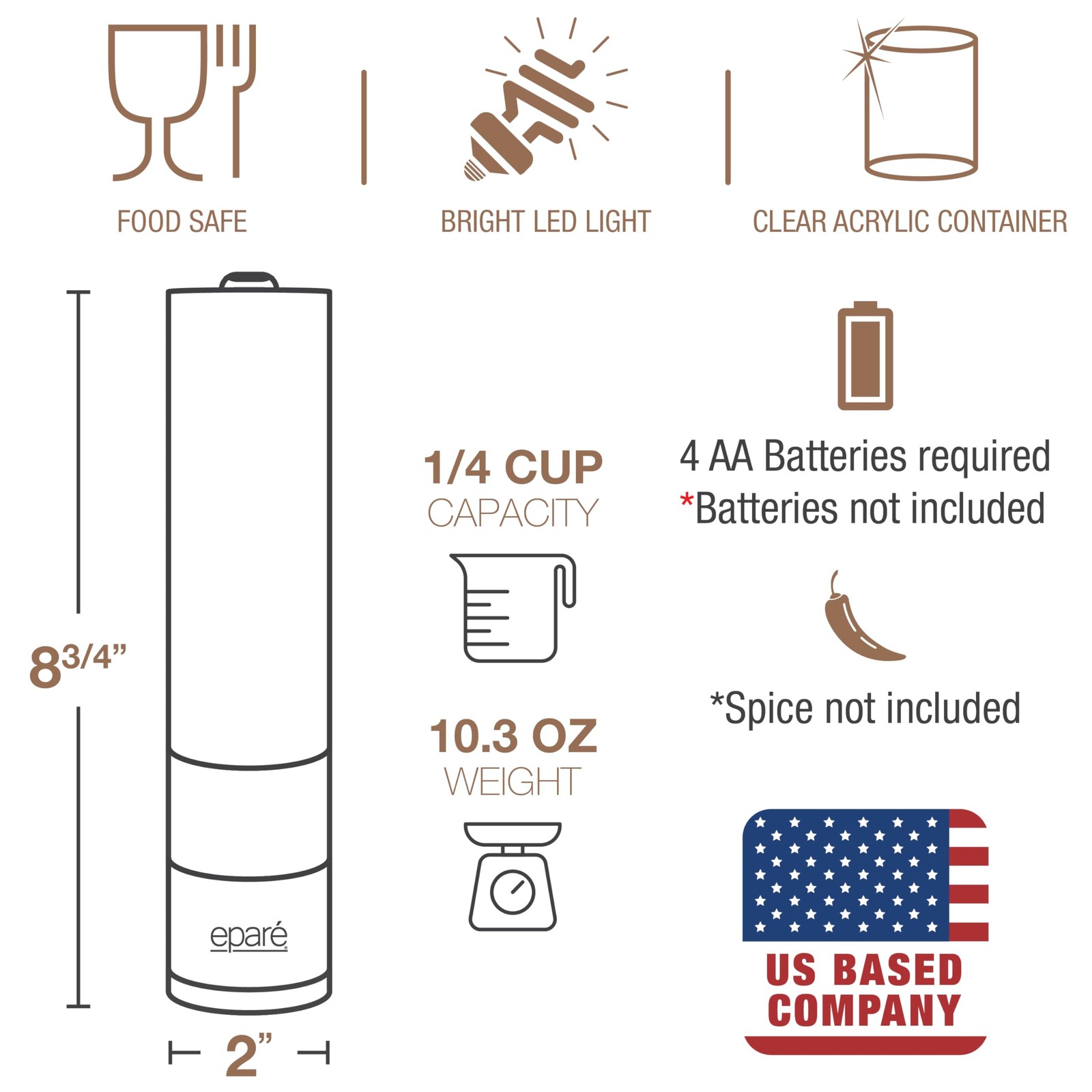 Brass Salt and Pepper Mill - Battery Operated Gold Pepper Grinder with Cerami...