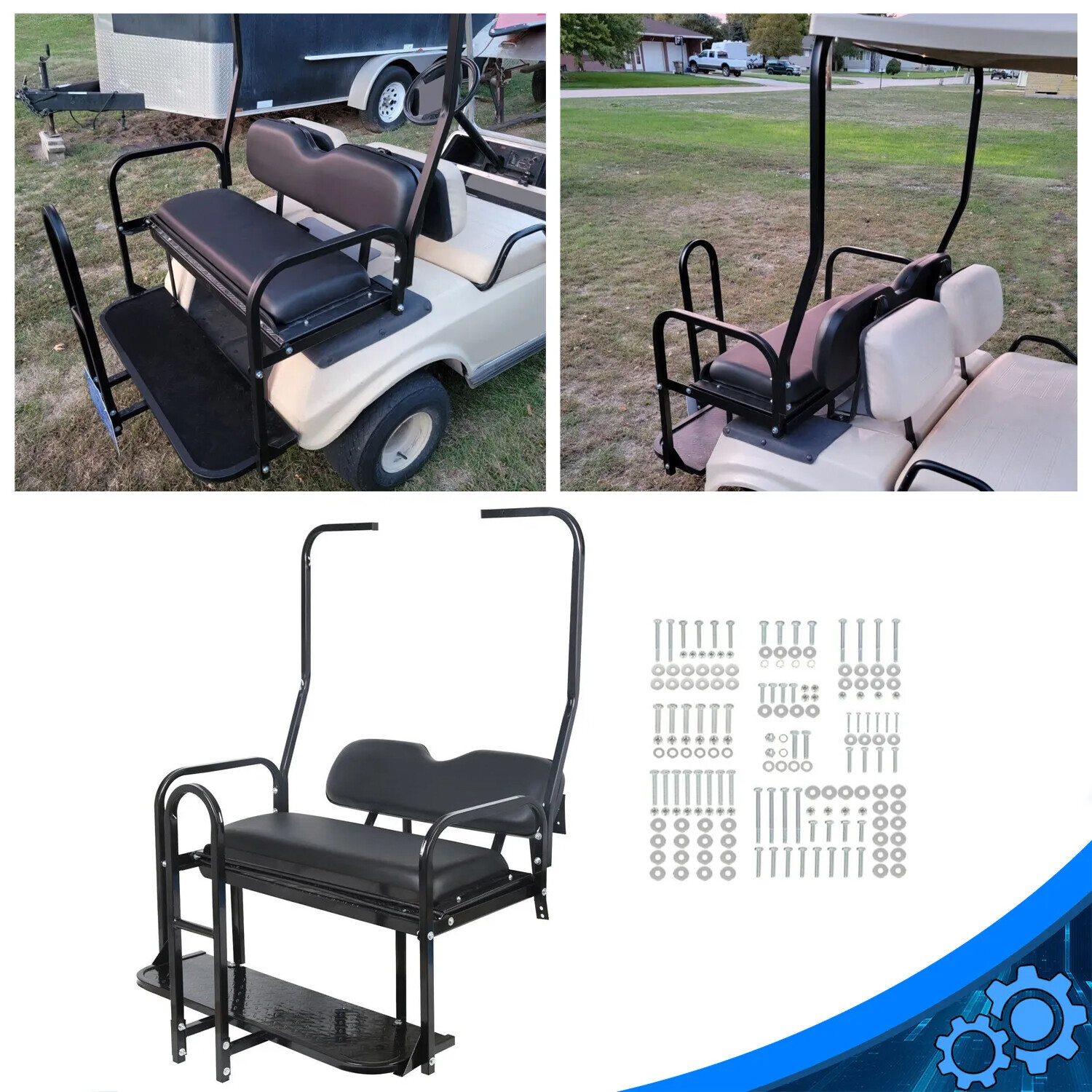 For 1982-2000.5 Club Car DS Golf Cart Flip Folding Rear Back Seat Kit+Grab Bar