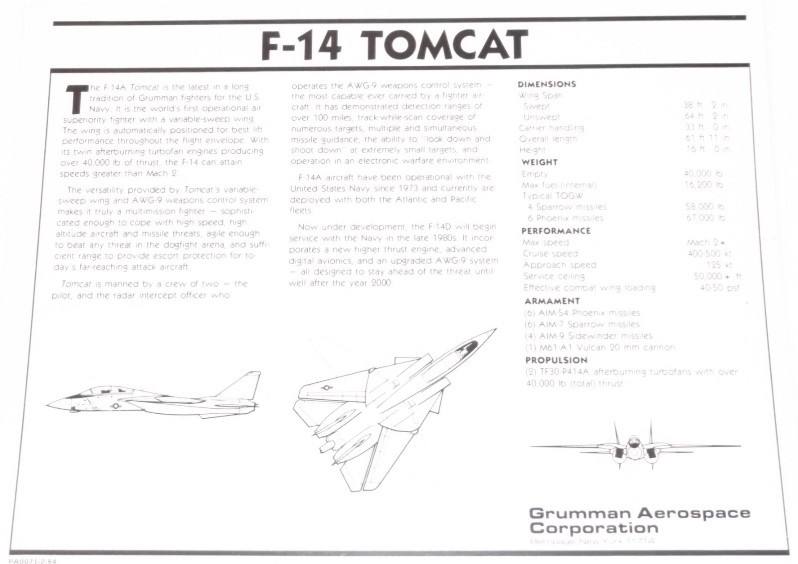 F-14 TOMCAT by GRUMMAN AEROSPACE CORPORATION 2-SIDED COLOR POSTER 8-1/2" x 11"