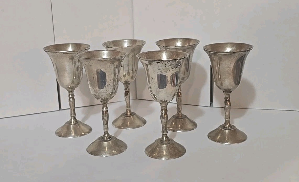 6 Vintage E.P.N.S. Silver Plated  Wine Goblets, 3 1/2"Tall.