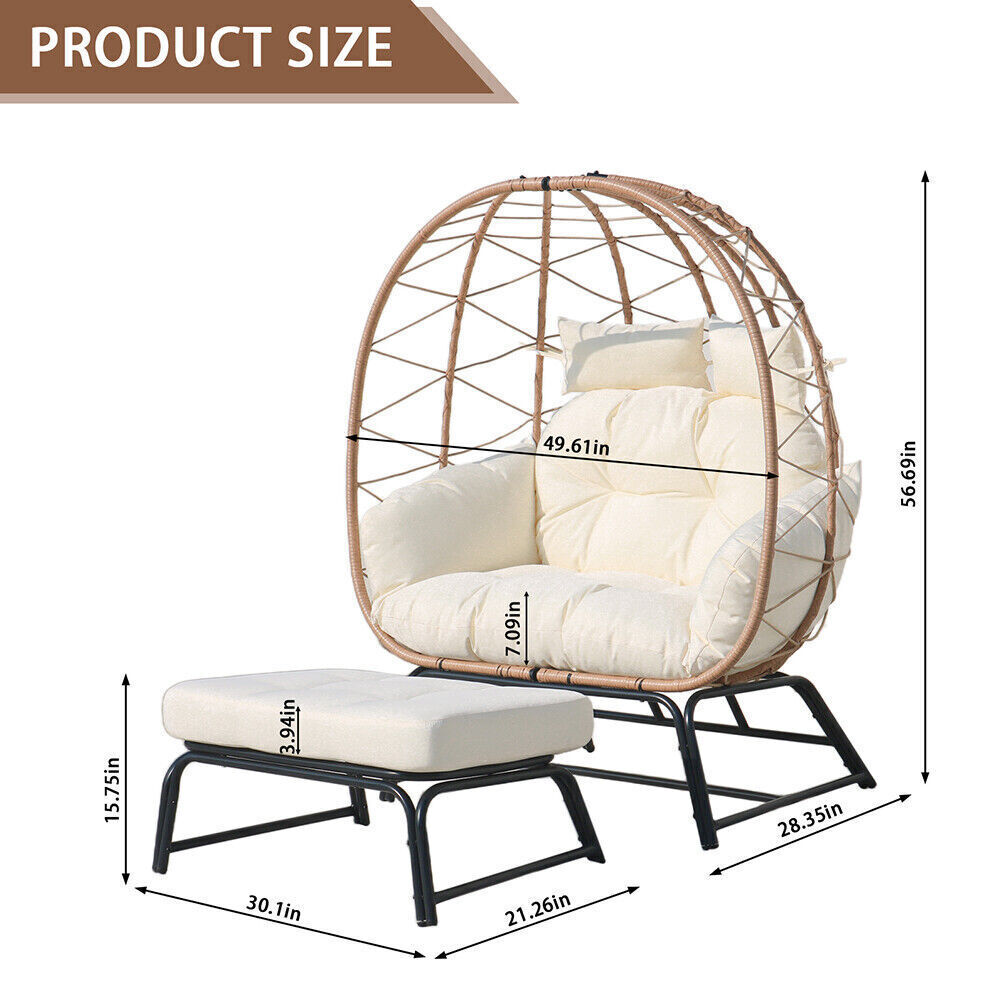 Wicker Egg Chair with Ottoman Outdoor Indoor Oversized Lounger Stand for Porch