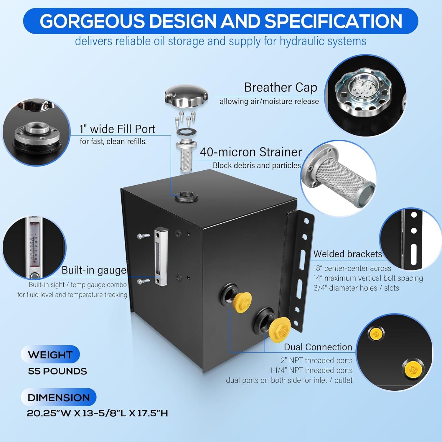 15-Gallon 14 Gauge Steel Hydraulic Fluid Reservoir Tank with Fill Cap Temp Gauge