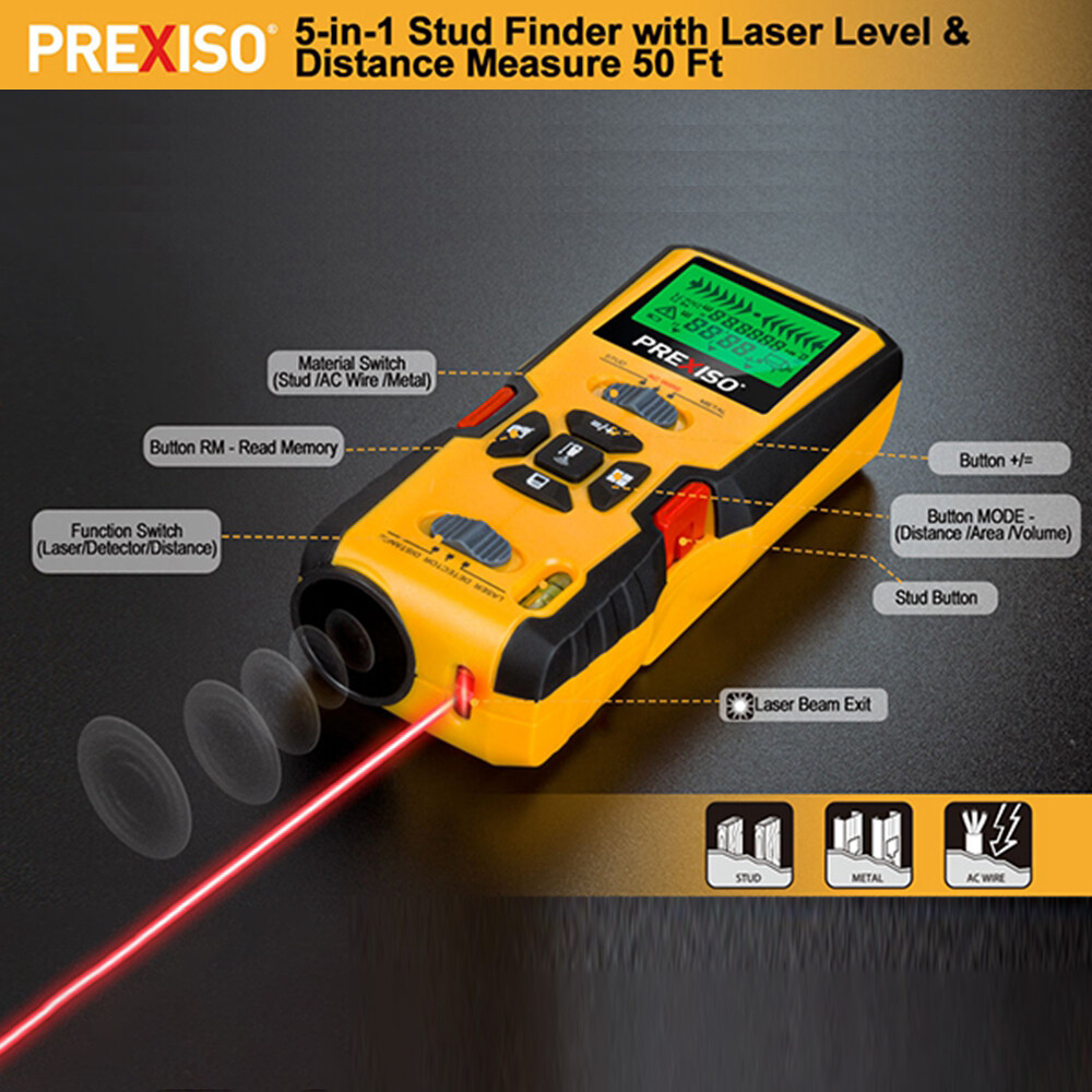 PREXISO 5-in-1 Stud Finder with Laser Level Marking Ultrasound Distance Measures