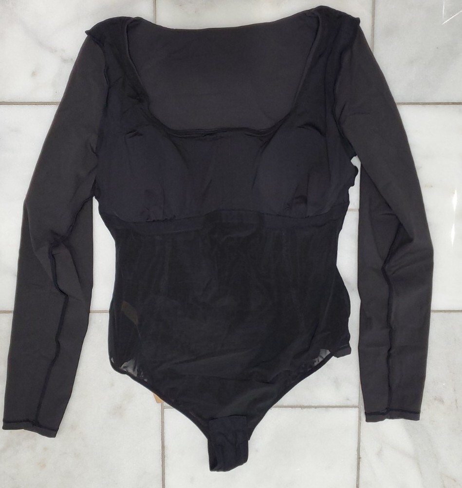 1~ Shapellx Bodysuit Long Sleeve Shirt Built In Bra Black XL