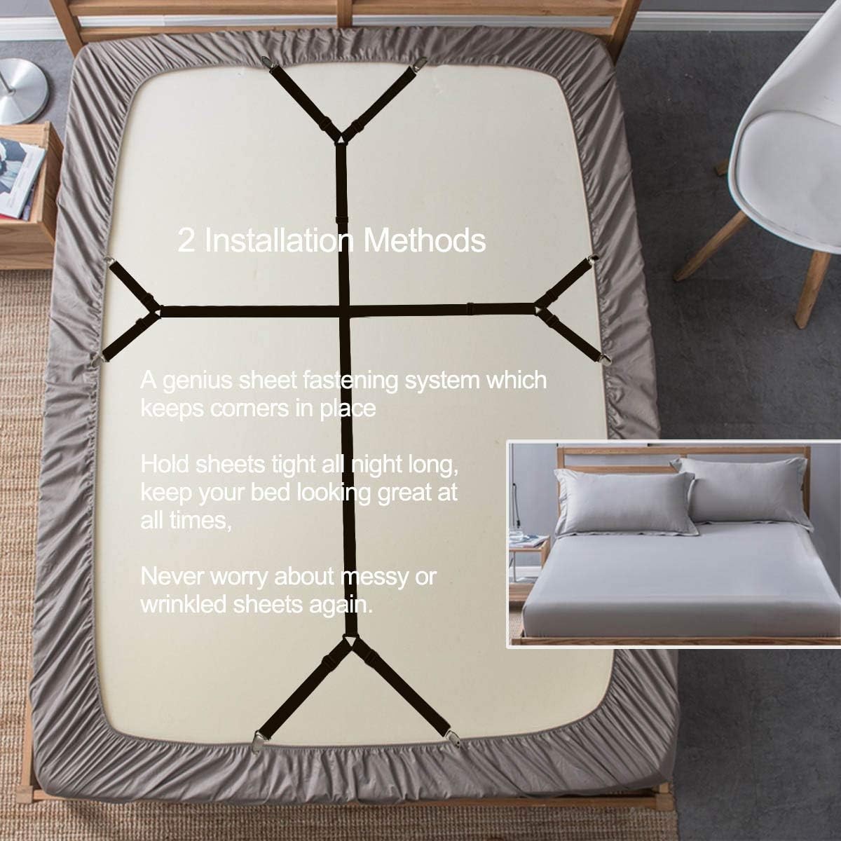 Bed Sheet Clip Straps - 2 Way Adjustable Crisscross Sheet Corner Holder Strap...